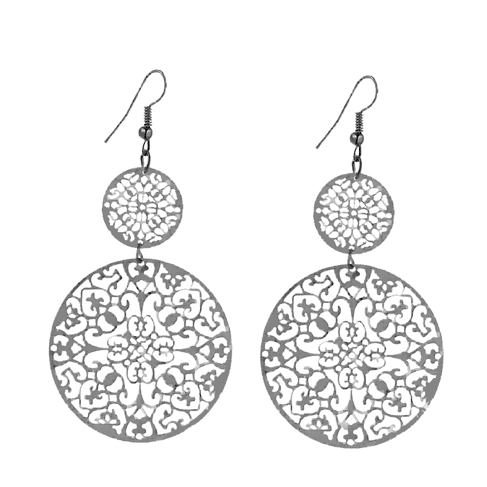 IDB Delicate Filigree Dangle Double Circle Drop Hook Earrings - Available in Silver and Gold Tones - Approx 3 1/4 inches (3.25" / 8.2 cm) Length x 1 13/16 inches (1.81" / 4.6cm) Wide