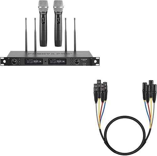 Phenyx Pro True Diversity Dual Wireless Microphone Set PTU-2U Bundle Con 3Ft XLR Snake Cable PTA-0040-XLR