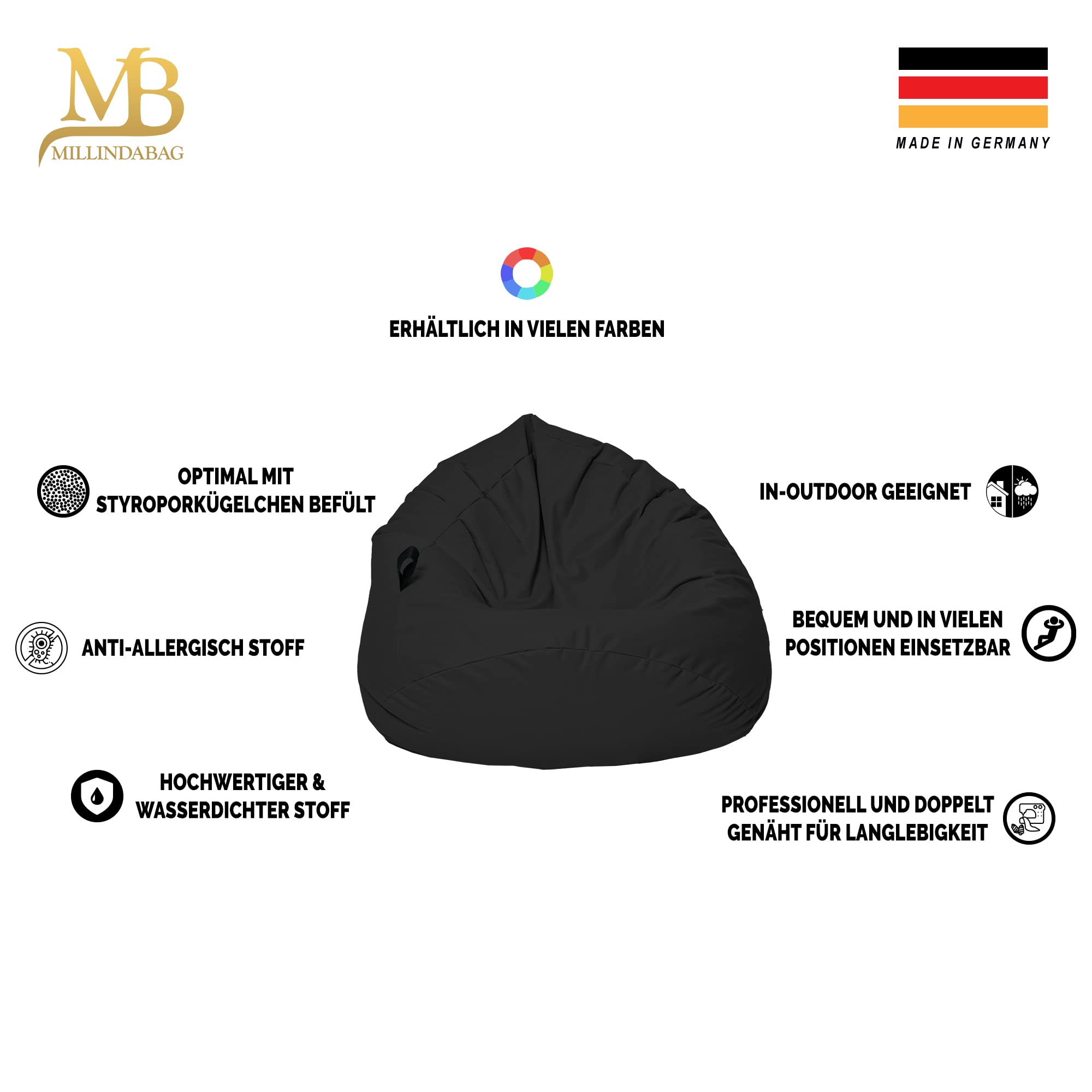 MILLINDABAG Kastanie Tropfenform Sitzsack für Kinder Jugendliche und Erwachsene Beanbag Kissen Indoor & Outdoor Gaminggeignet bereits gefüllt Sitzkissen Bodenkissen (Anthrazit, XL-Durchmesser 77 cm)
