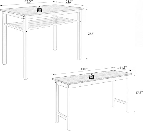 Miniatura 7 de Juego de mesa de comedor de 3 piezas de 43 pulgadas, mesa de cocina y bancos de granja, juego de mesa de comedor rectangular con 2 bancos, juego de