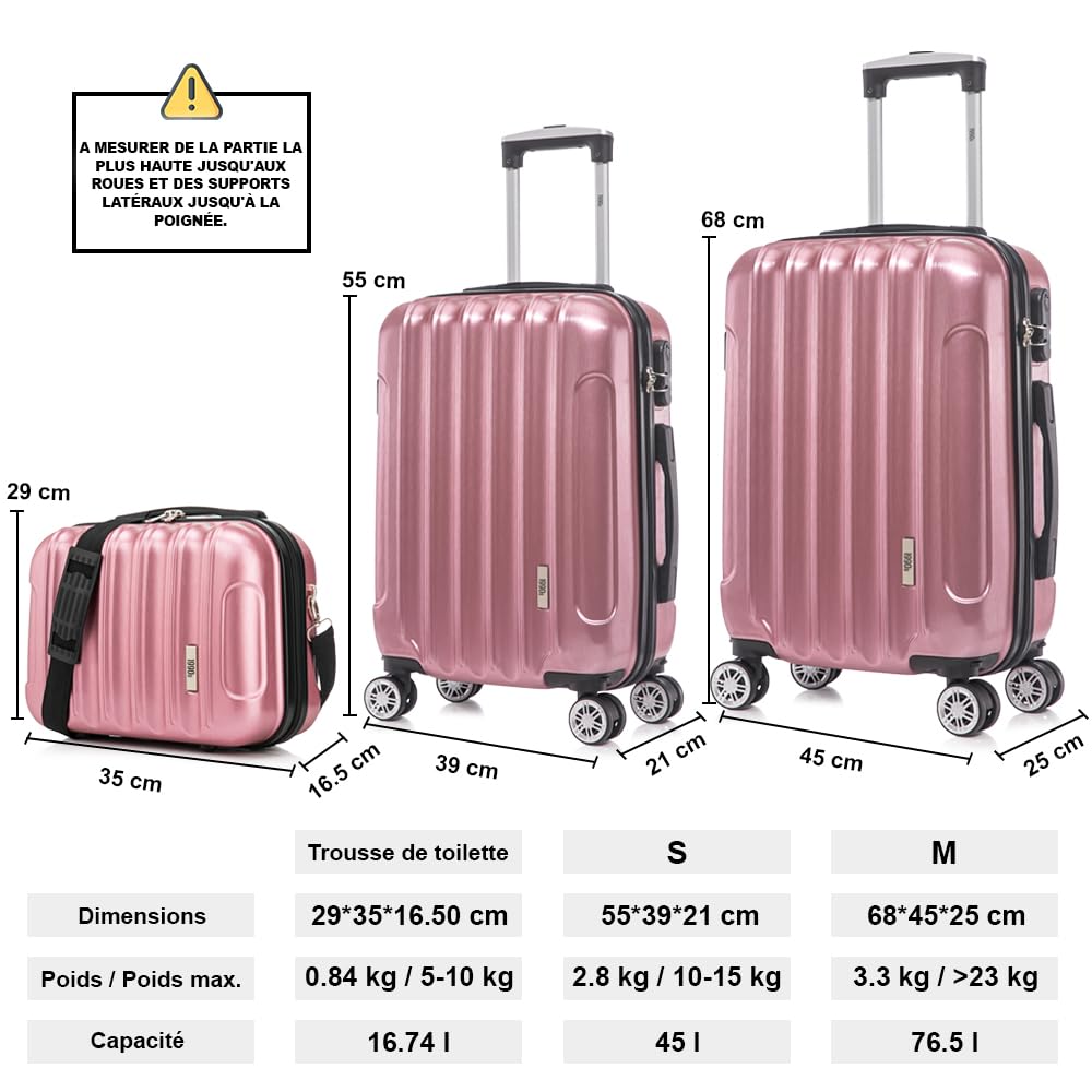 1990s Set de 3 valises de Voyage Cabine 55x39x21cm (45L), Moyenne 65cm, Trousse de Toilette, Valise Rigide Polycarbonate - Or rosé