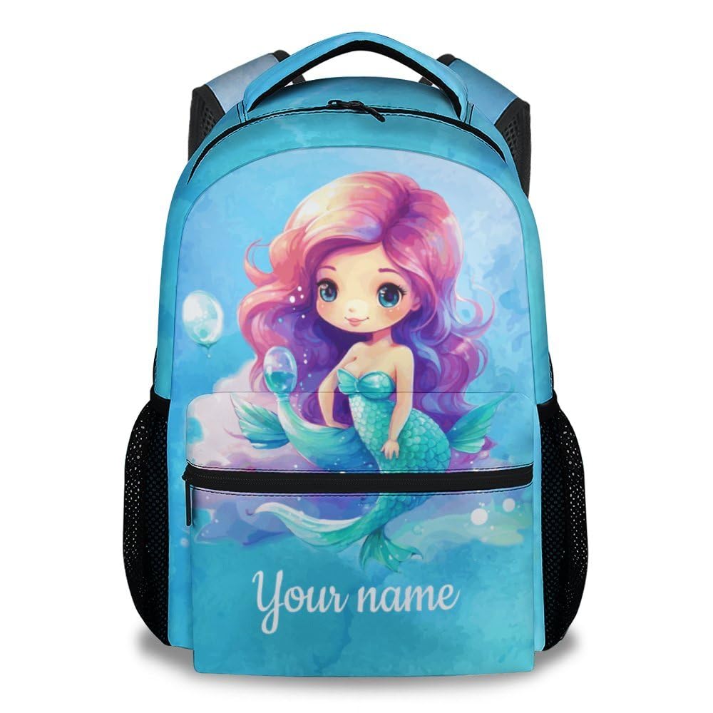 CUNEXTTIME Custom School Backpack for Girls - 17 Inch Blue Mermaid Backpacks for Elementary - Cartoon Lightweight Durable Bookbag for Kids
