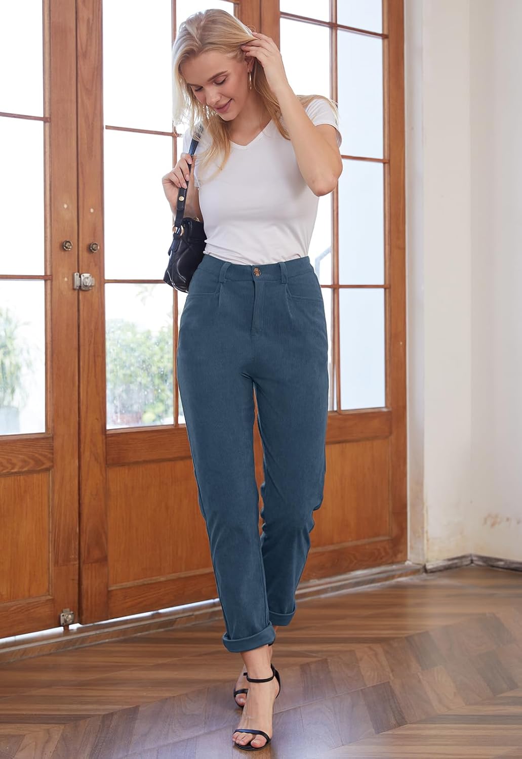 Women Corduroy Pants Casual Fall Pants High Waisted Straight Leg Pants for Women Stretchy Work Trousers with Pockets - Image 5