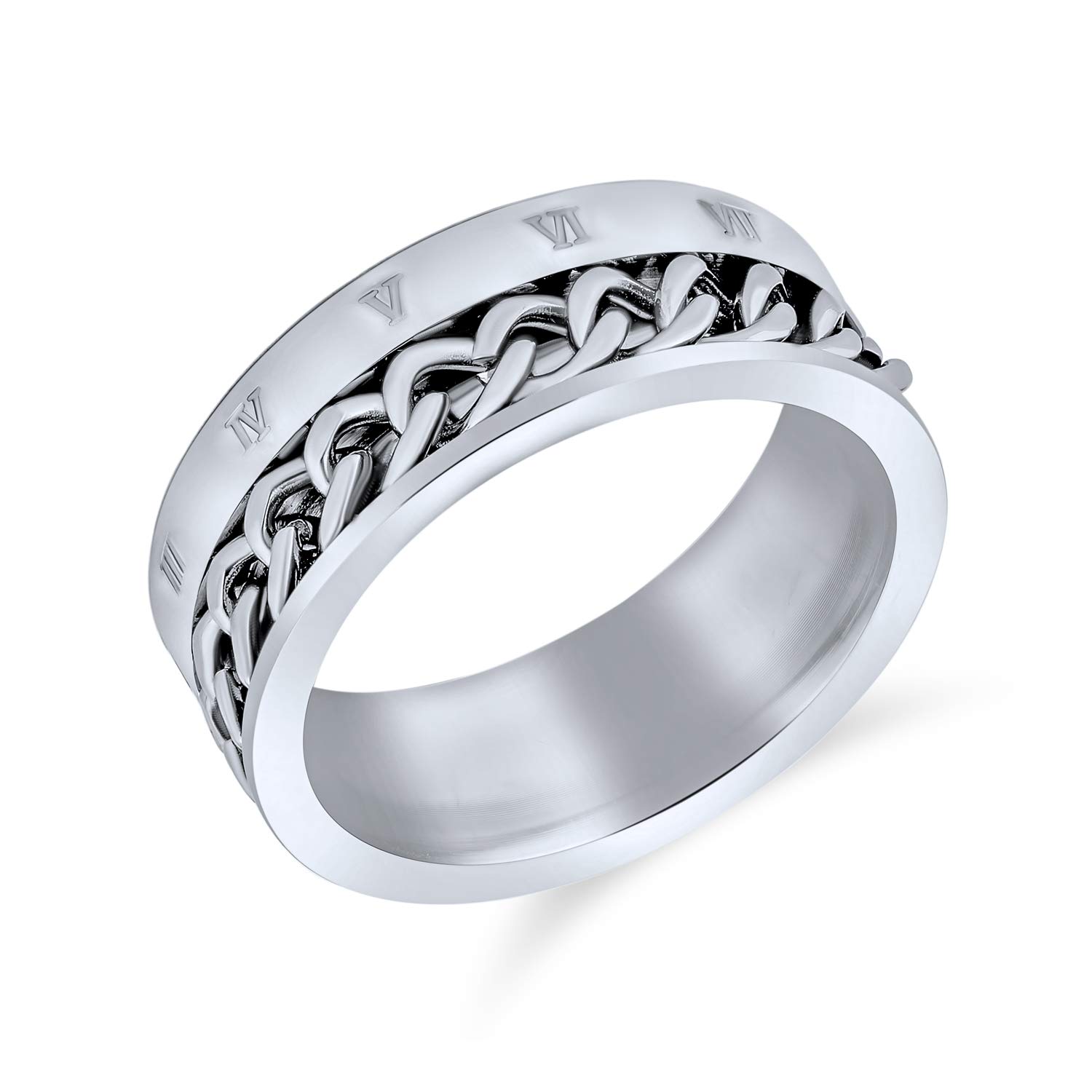 Bling Jewelry Anillo De Banda De Boda De Acero Inoxidable Negro Para Hombres Con Cadena De Cuerda Grabada Personalizada De 8MM De Ancho Perfecto Motociclistas Con Ansiedad Y Amantes De Los Fidget Spinners