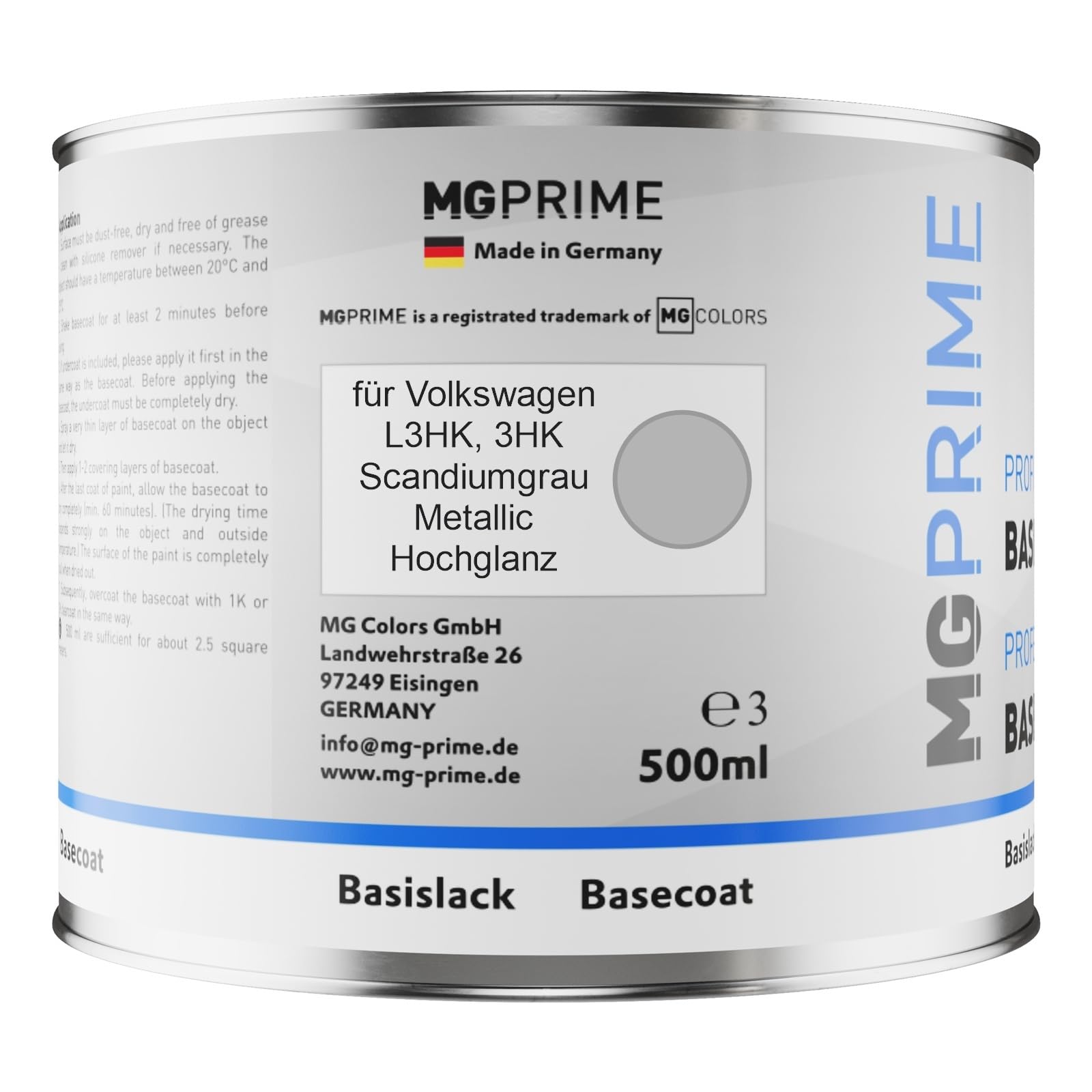 MG PRIME Autolack Dosen für Volkswagen VW L3HK / 3HK Scandiumgrau Me. 1,25L | Scandiumgrau Metallic Hochglanz, Set aus Basislack + 2K Klarlack + Härter, Literware, spritzfertig
