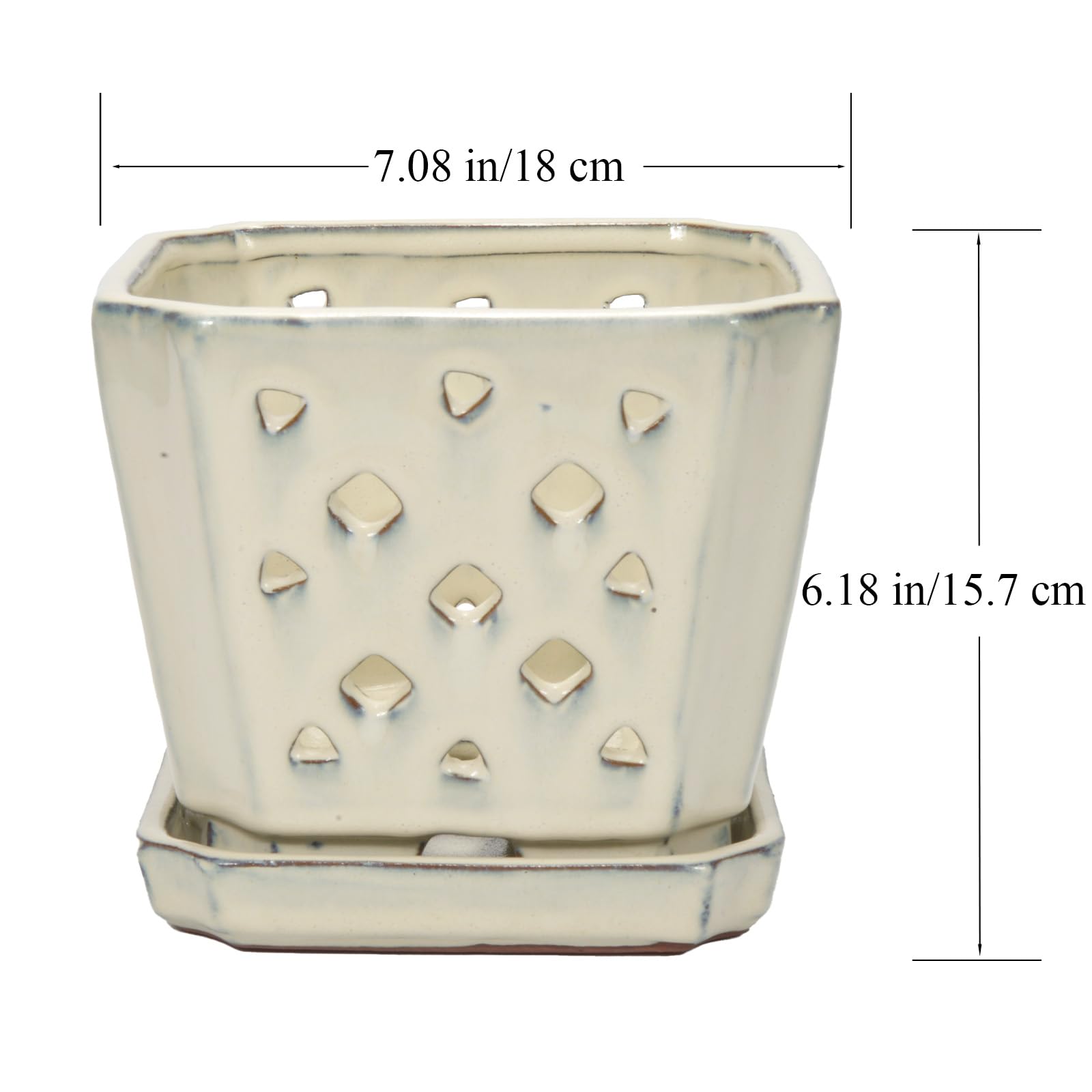 W&W Vaso per orchidee con fori e piattino per rinvasare e coltivare meglio, bianco crema, 17,8 cm