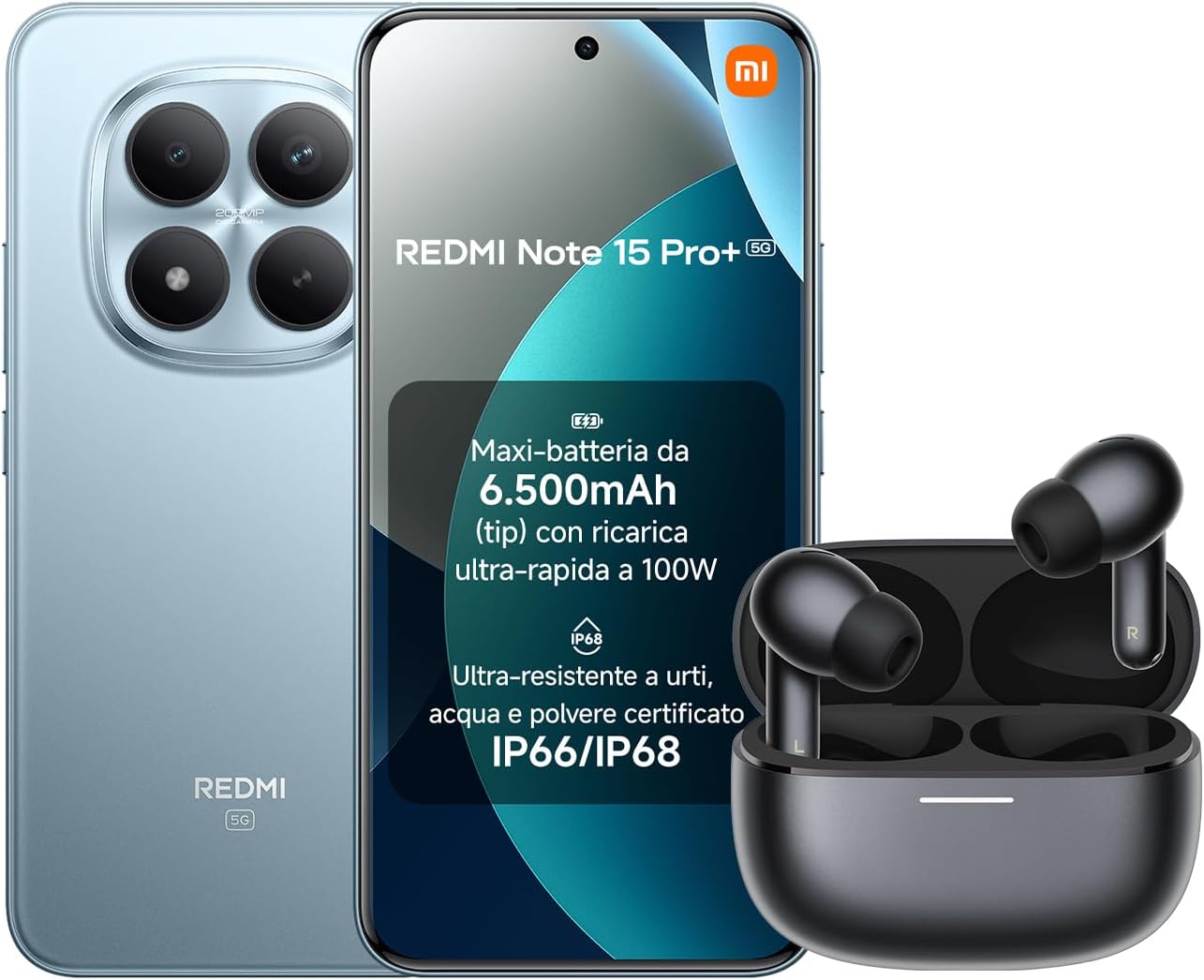 Xiaomi Redmi Note 15 Pro+ 5G, Smartphone 8+256GB, Batteria massiccia 6500mAh, IP66/IP68, Fotocamera 200MP, Display AMOLED 6,83",Blu Ghiacciaio, Garanzia 2 anni, Caricatore non incluso+REDMI Buds 8 pro