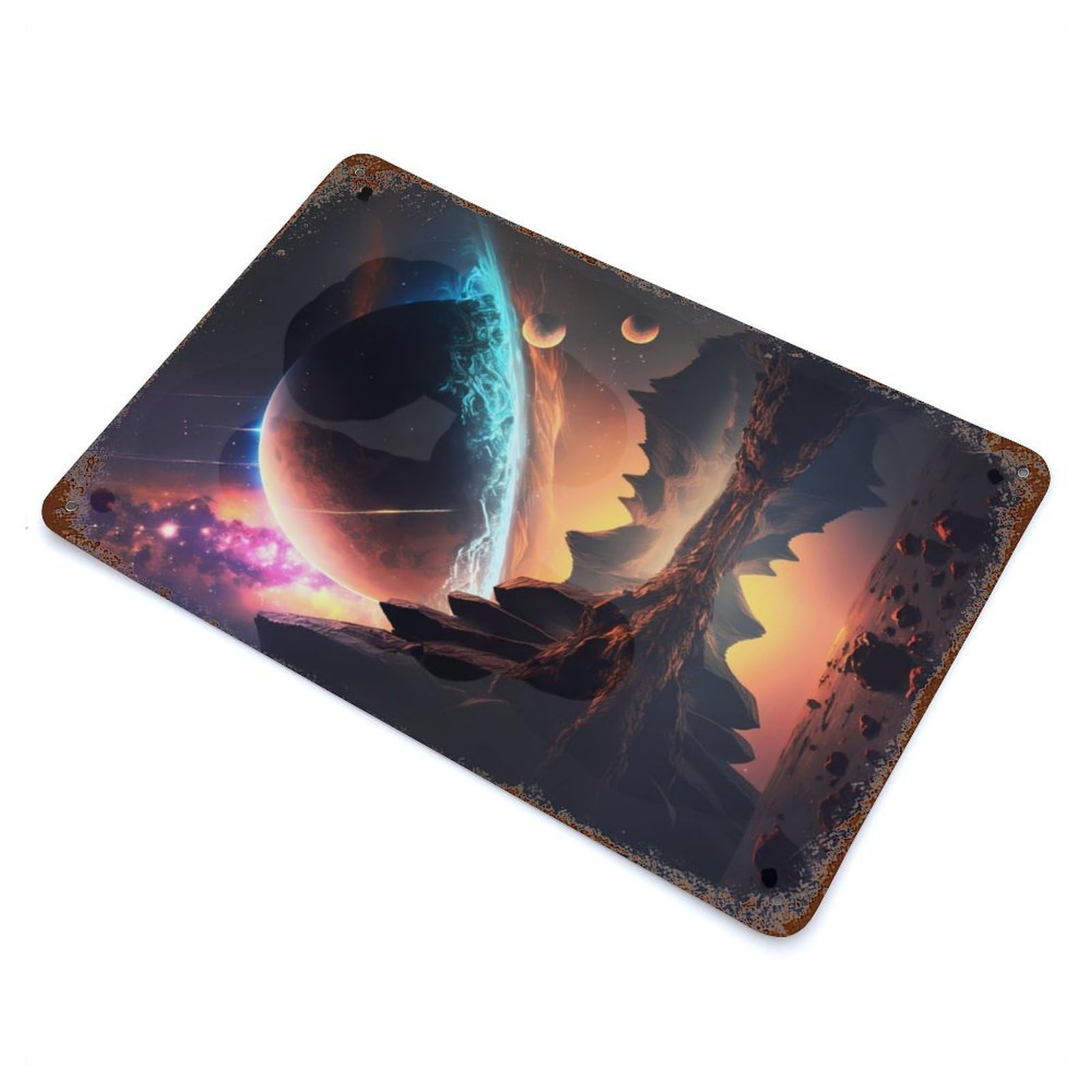 Galactic Horizon Landscape Vintage Wall Sign 11.8"x7.9", Rust Effect Metal Decor for Office, Studio And Wall Decor