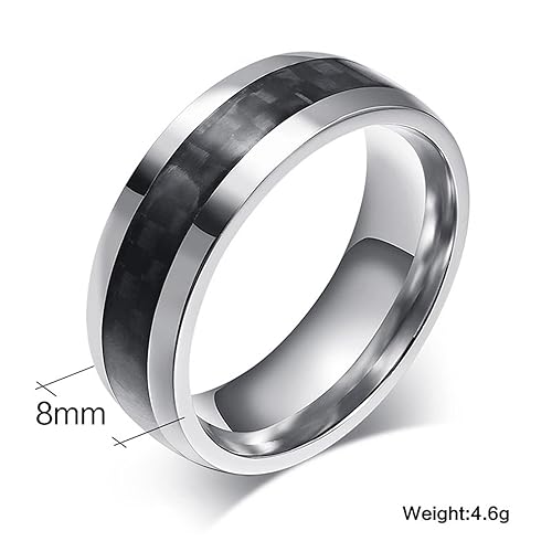 Miniatura 6 de Mens Gay Engagement Rings Fashion, Stainless Steel Anniversary Band Ring 8MM Carbon Fiber Inlay Silver Black Wedding Bands for Men Engraving Size 12