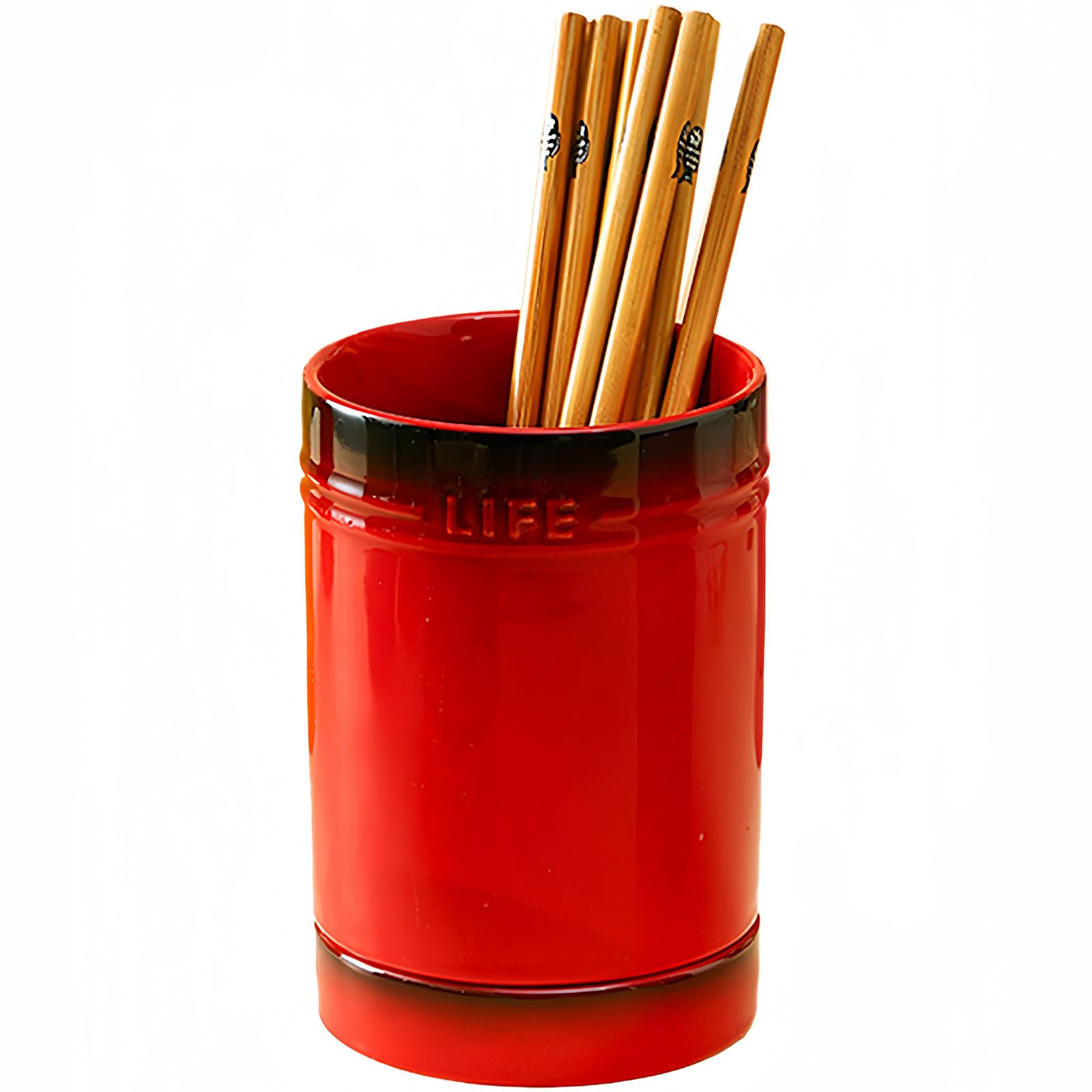 Dowbom Red Kitchen Utensil Holder - Ceramic Countertop Cutlery & Chopstick Holder (, 4 Inch)