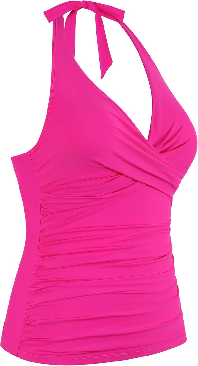Firpearl Underwire Tankini Tops for Women Ruched Tummy Control Bathing Suit Tops Halter V Neck Swimsuit Top Only