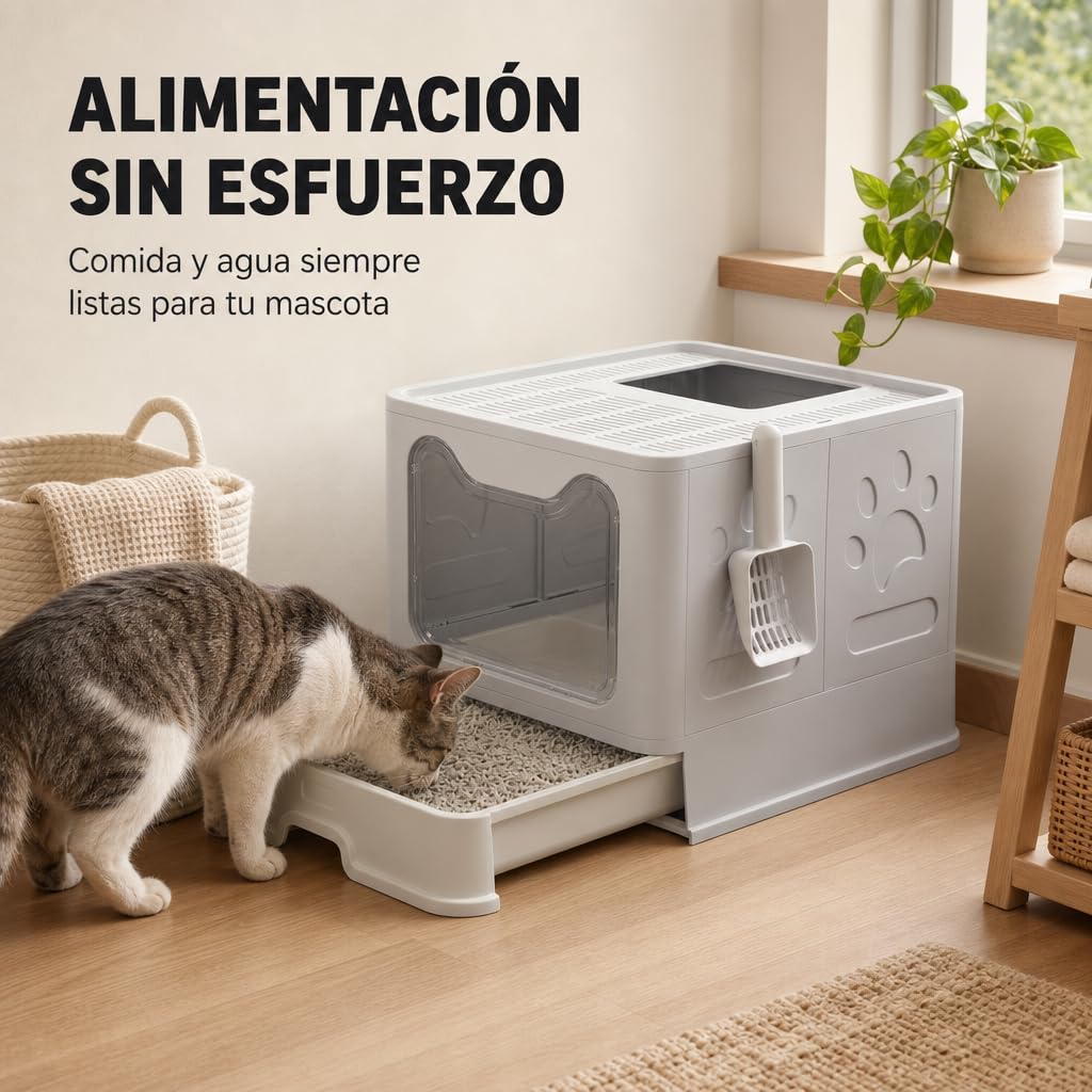Arenero para Gatos Cerrado con Cajón Extraíble y Doble Entrada – Bandeja Higiénica con Tapa, Puerta Transparente, Entrada Superior con Rejilla Filtrante y Pala Incluida, Anti-Olor, Fácil Limpieza