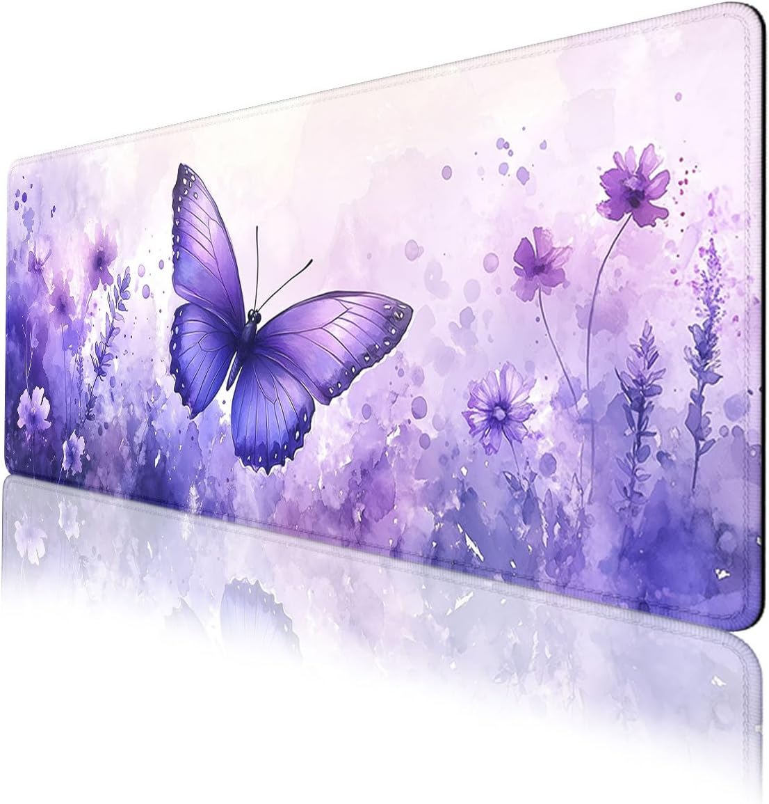 Butterfly Gaming Mouse Pad Purple Watercolor Floral Fantasy Garden Large Gaming Mouse Mat with Stitched Edges,Non-Slip Waterproof Rubber Base Mous Mat Office Computer Keyboard Laptop 31.5x11.8 Inch