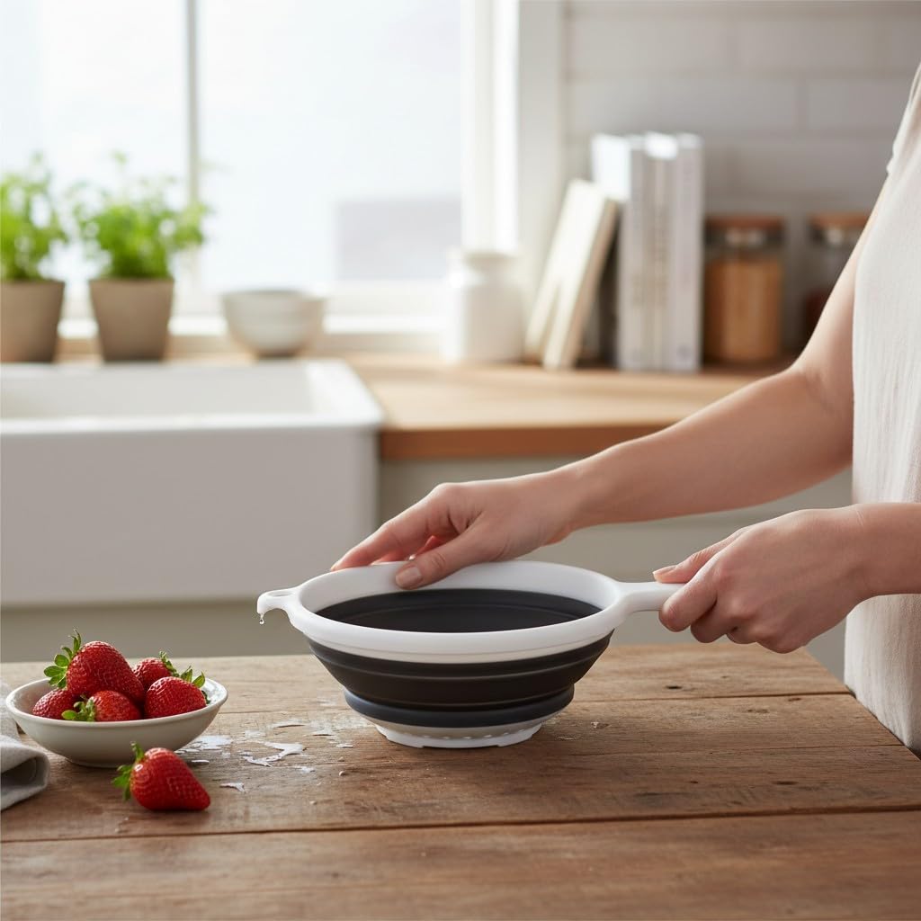 Colador de alimentos redondo de silicona plegable para ahorrar espacio de 8 pulgadas con mango - blanco (paquete de 1)
