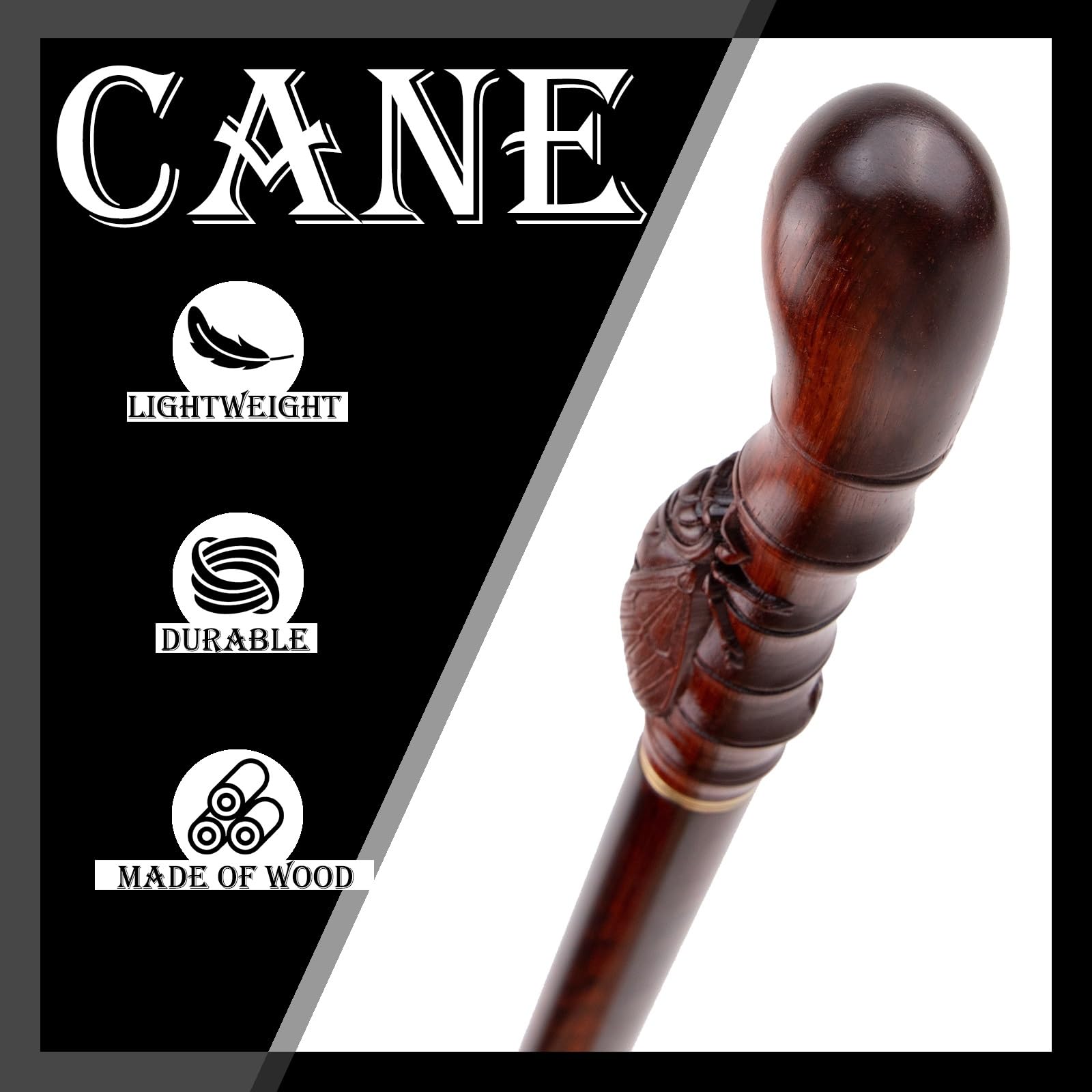 Bastón de Madera con Forma de Cigarra, Bastón Artesanal de Madera Maciza con Tallado de Insecto, Bastón Ligero y Resistente para Hombres y Mujeres