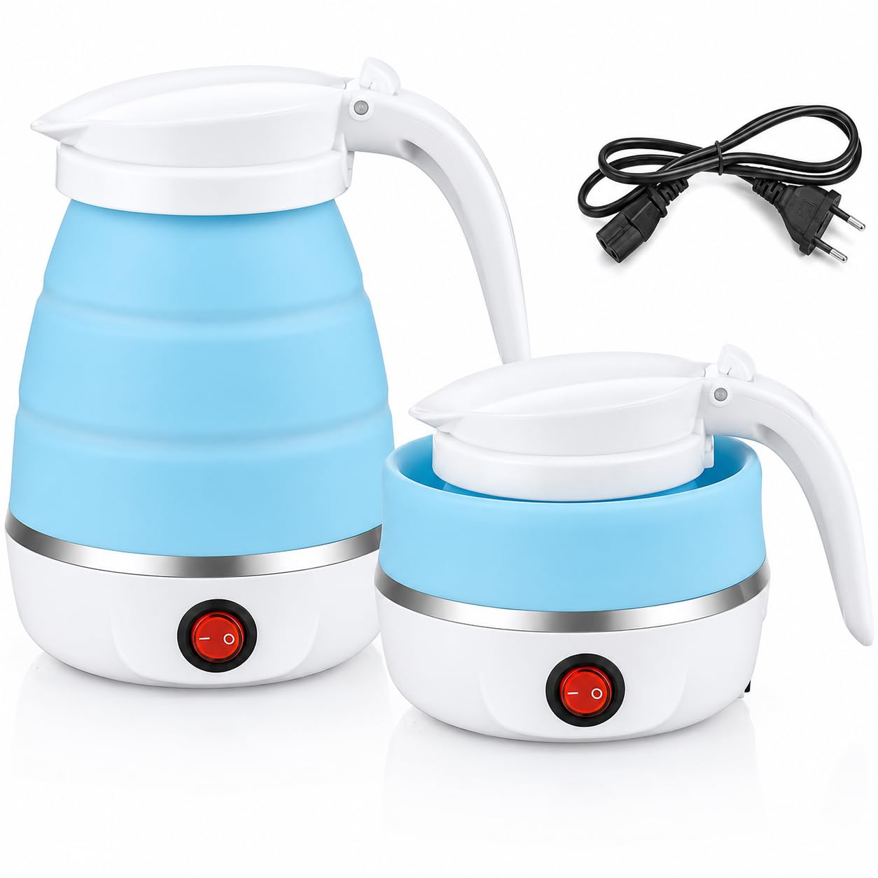 Sulfar Travel Foldable Fast Boiling Portable Electric Kettle - Silicone Food Grade Boil Dry Protection 220V -600ML for Most Travel and Home & Office Use (Blue/White/Pink)