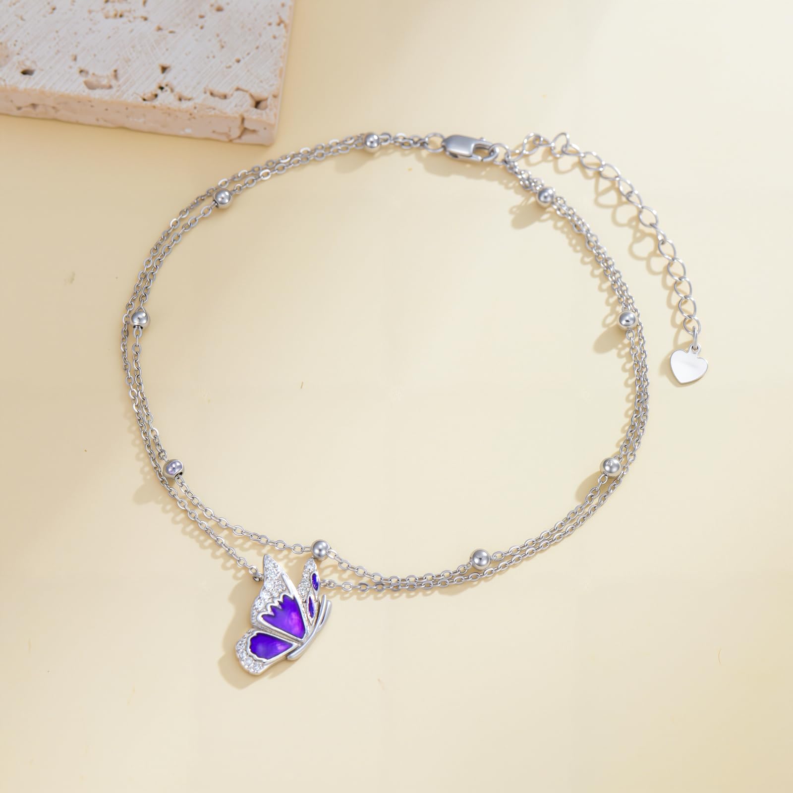 Cavigliera da donna in argento sterling 925 con farfalla colorata a doppio strato, con diamanti da laboratorio, impermeabile, regalo di compleanno