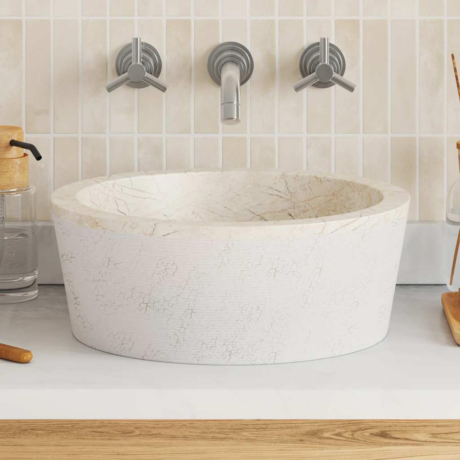 Homgoday Lavabo Crema marmol Artesanal 40x15 cm lavamanos Decorativo