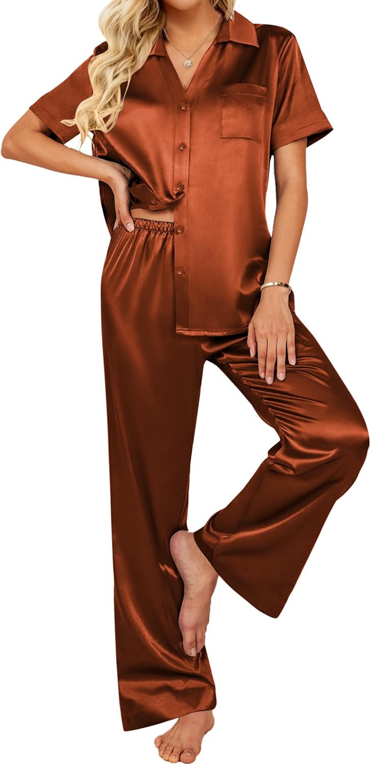 Ekouaer Silk Pajamas for Womens Set 2 Piece Satin Pjs Soft Button Down Sleepwear Wide Leg Long Pants with Pockets