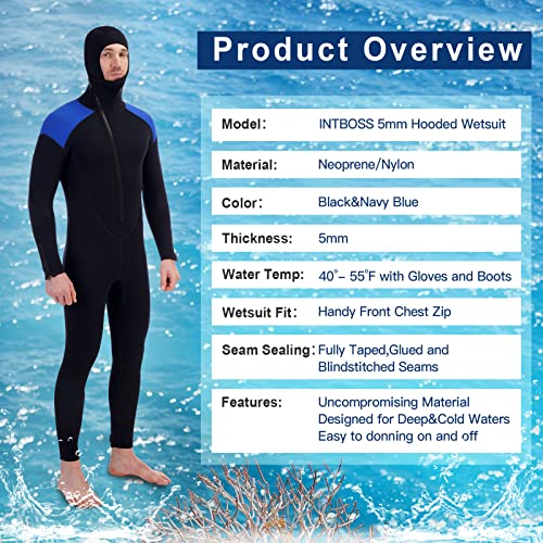 Intboss Braver Hooded Wetsuit Men 5/4mm Neoprene Wetsuit for Men Keep Warm in Cold Water One Piece Long Sleeve Mens Wet suit With Hood Front Zip Full Body Thermal Scuba Diving Suit Kayaking Snorkeling