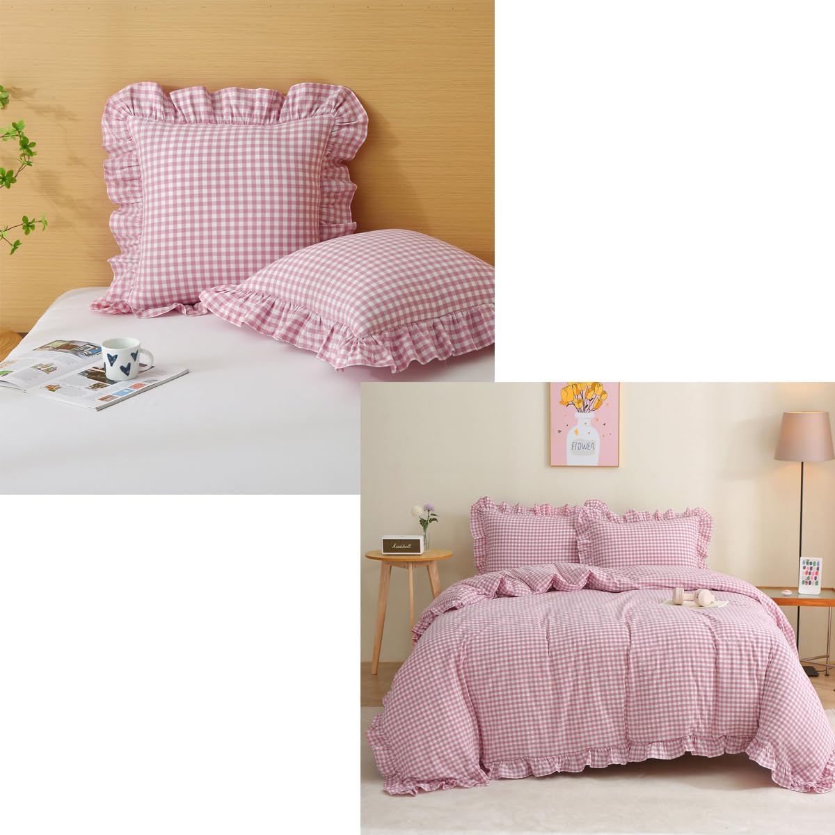 Vintage Pink/White Plaid 3 Pcs Ruffle Duvet Cover Set Queen Size and 2 Pack Throw Pillow Covers 20"x20"