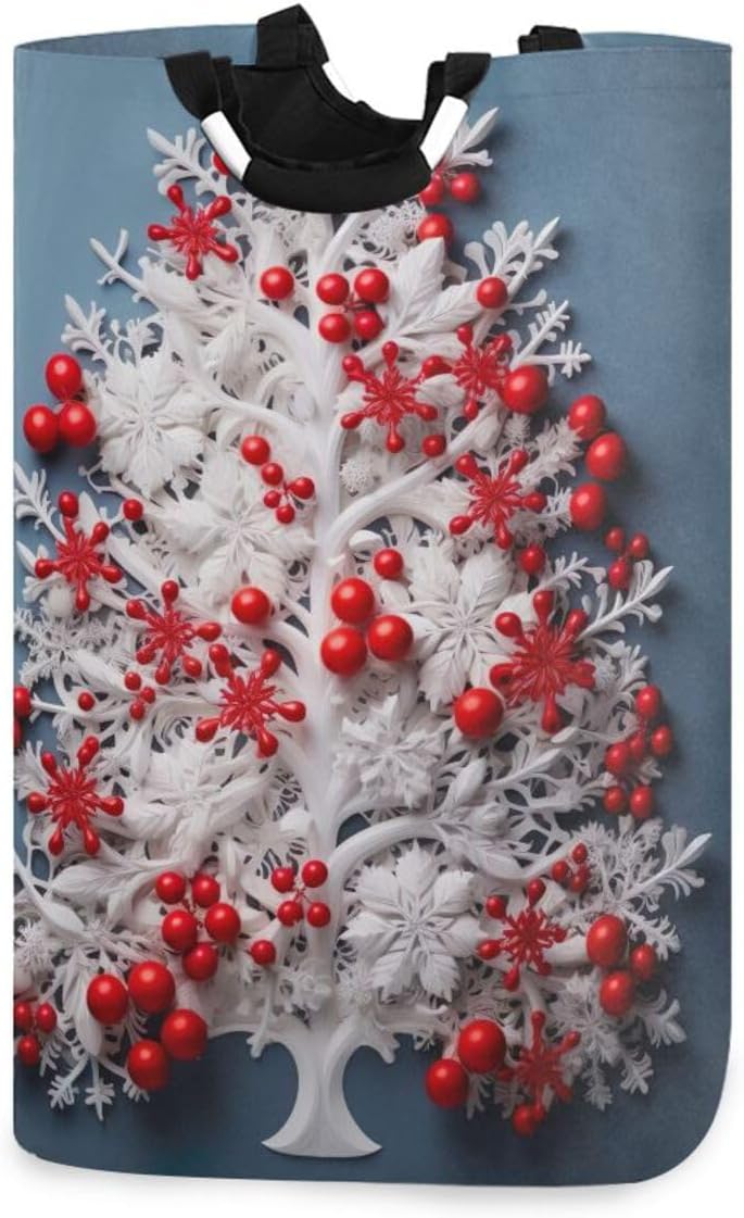 Christmas Tree with Red Berries Large Laundry Hamper Waterproof with Handles, Portable Laundry Baskets Collapsible Sturdy Clothes Store Basket for Bathroom Bedroom