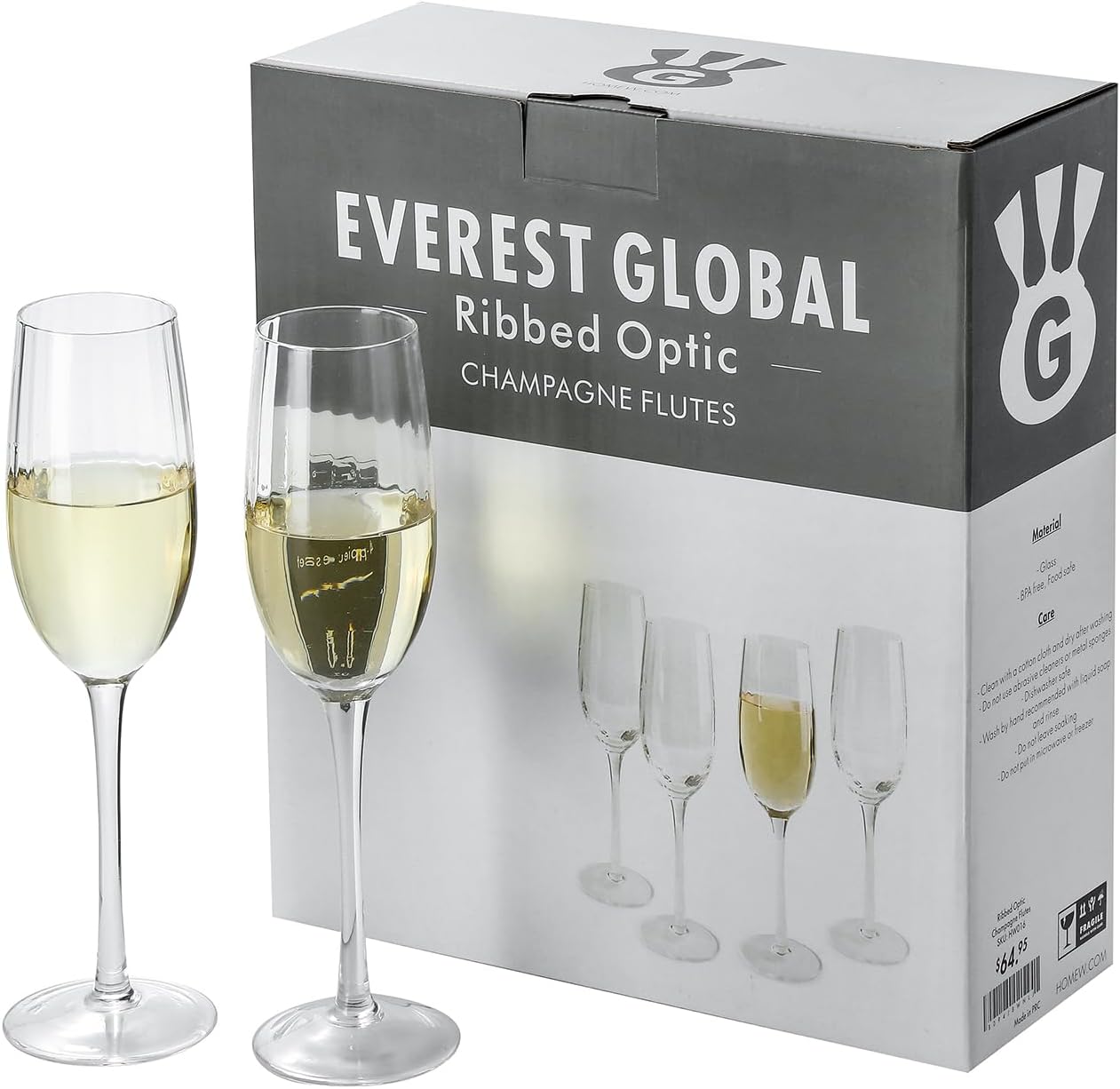 Ribbed Optic 8 oz Champagne Flutes set of 4, Crystal Clear Champagne Glasses, Great Ideal for Party, Valentine's Day