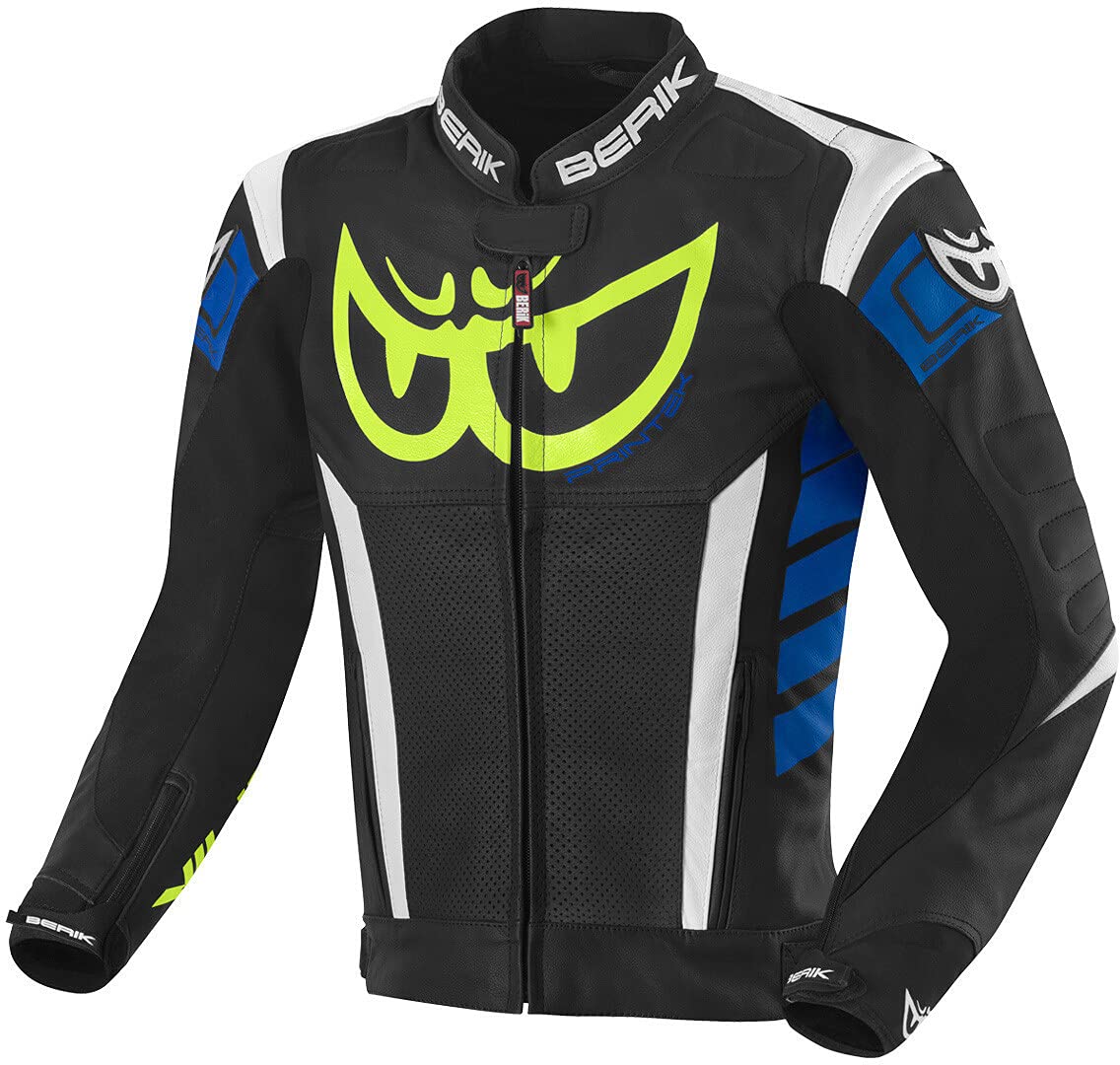 Berik Zakura Giacca in Pelle per Moto, Nero/​Bianco/​Blu/​Giallo, 52