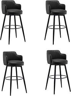 Leather Barstools Bar Chair with Back Set of 4 Swivel Bar Stools Kitchen Island Bar Chairs Counter Height Black Metal Frame Round Upholstered Seat for Bars, Breakfast,