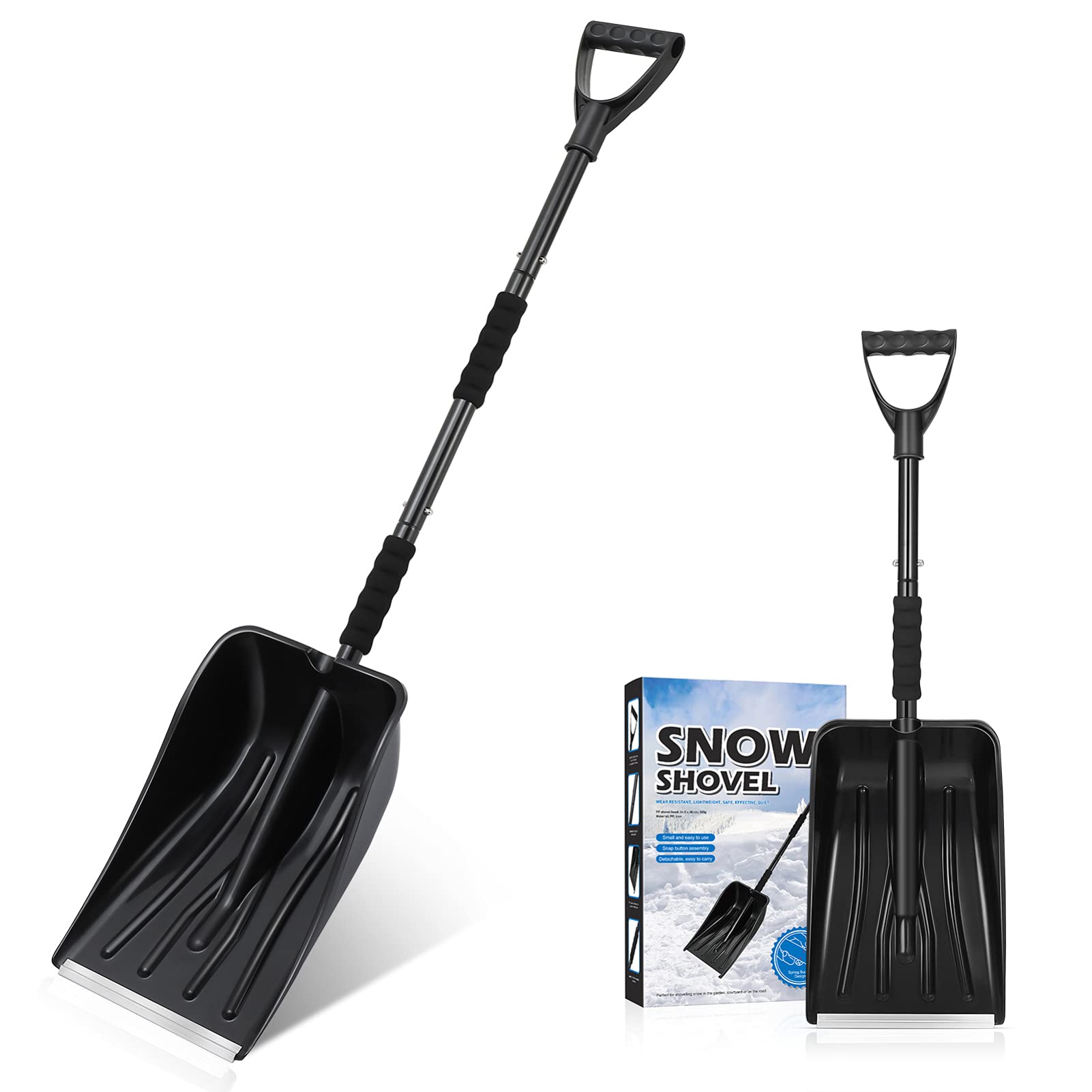 BESPORTBLEBESPORTBLE Collapsible Snow, 43- Inch Snow Clearing Road Kit with- Snow Scoop with Detachable Handle and D- Grip for Car, Camping and Other Outdoor Activities