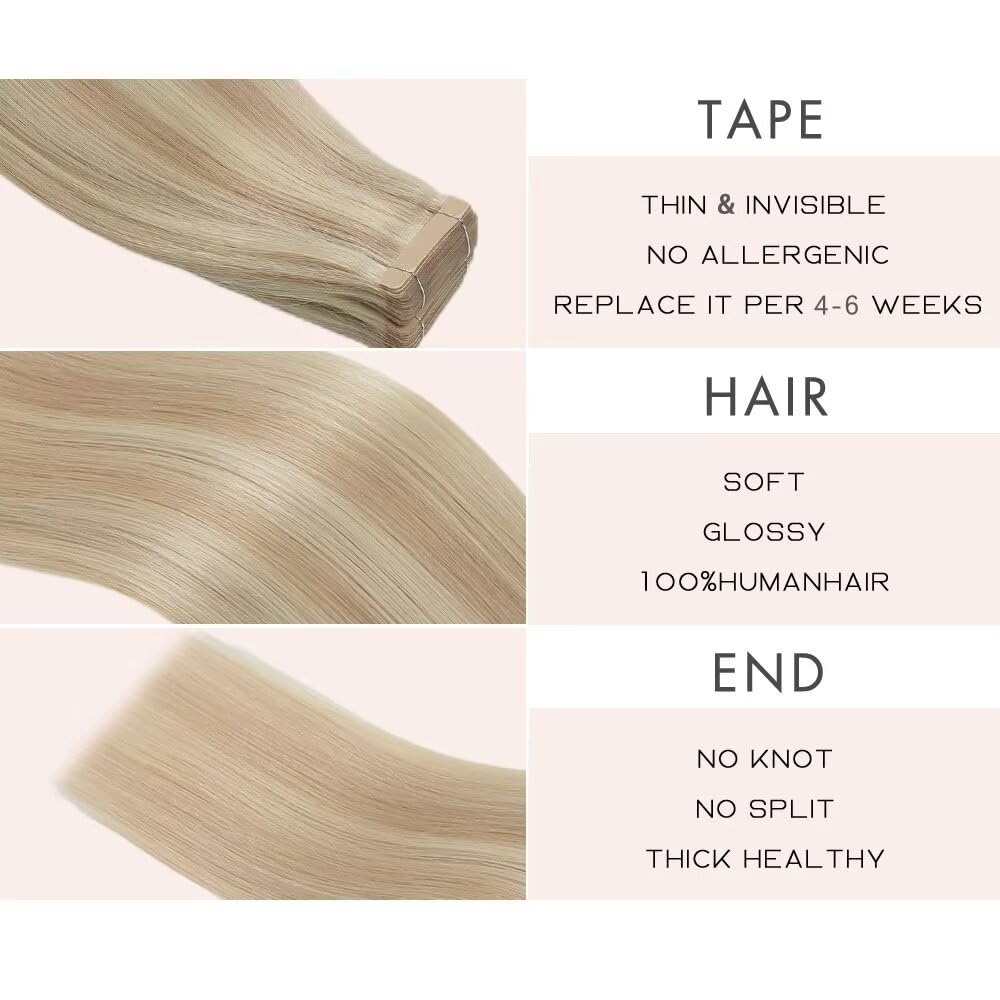 YDDM Extensiones adhesivas de pelo real, 20 unidades, 35 cm, 40 g, rubio ceniza con rubio blanqueador, rubio oscuro, extensiones de pelo rubio oscuro, extensiones de pelo de color rubio oscuro (14 — view 3