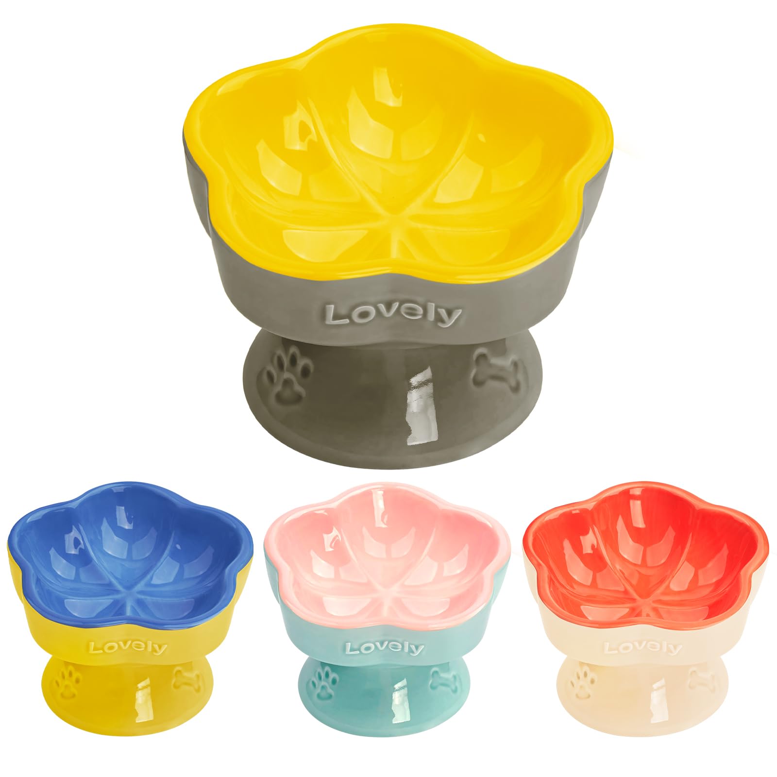 S&Q's CERAMICS Raised Cat Bowl, Elevated Cat Bowl for Food and Water, Ceramic Titled Dish, Anti Vomit & Whisker Friendly, Microwave and Dishwasher