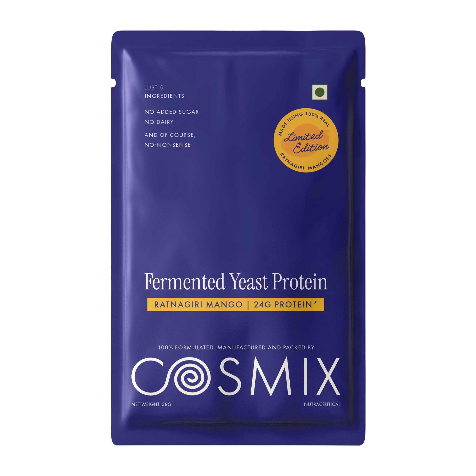 [BRSRYZD3CFYBODI6] Cosmix Fermented Yeast Protein Powder | 24g Protein |Pure Single-Source Plant Protein| Made with Real Mango | High Absorption with PDCAAS of 1 | No Dairy | Made In-House | Smooth, Tasty & Gut-Friendly | Ratnagiri Mango, 38g Sachet