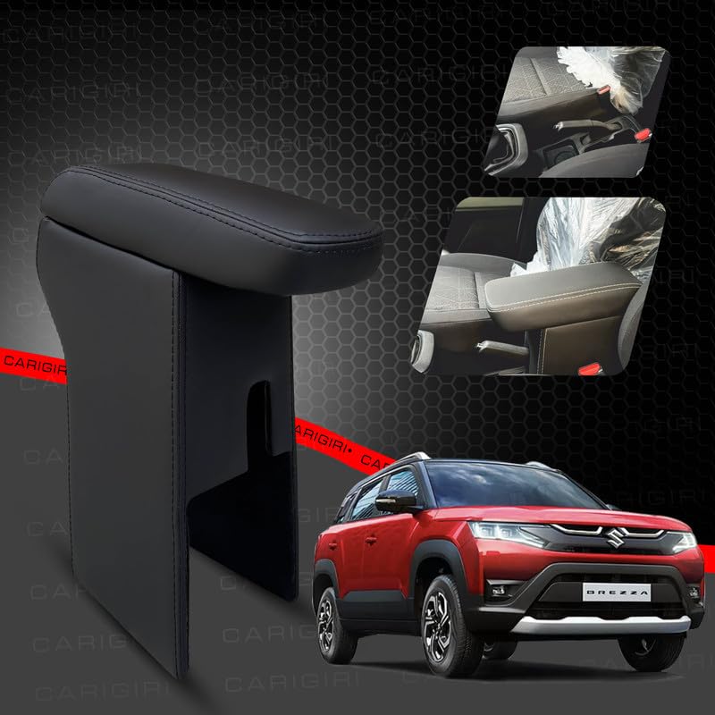 Image of Carigiri Premium Finish Car Armrest with Storage Box And High Density Moulded Foam For Maruti Suzuki New Vitara Brezza (Models-2022-2024) (Black With Black Double Stitching,Nappa Leatherette)