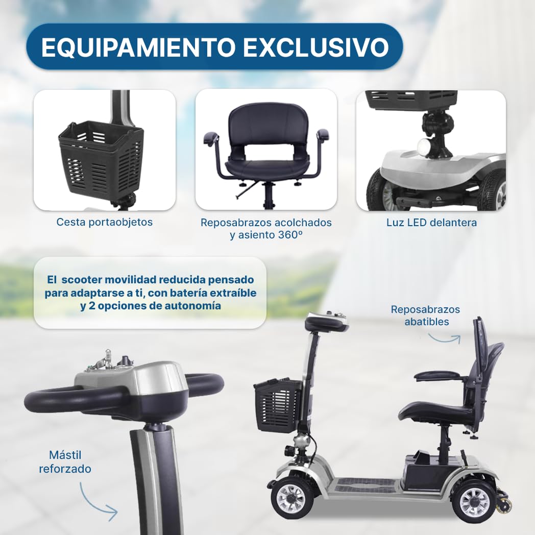Scooter de Movilidad Desmontable para Mayores Minusválidos Batería Extraíble 4 Ruedas MUY COMPACTO 120 Kg Dortomedical®