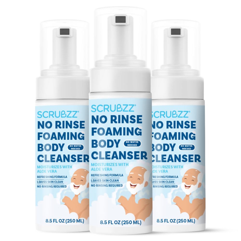 Scrubzz No Rinse Body Wash for Elderly, Gentle 8.5 fl oz Rinse Free Cleansing Foam for Waterless Bathing Men and Women, Great for Hospital Stays, Post