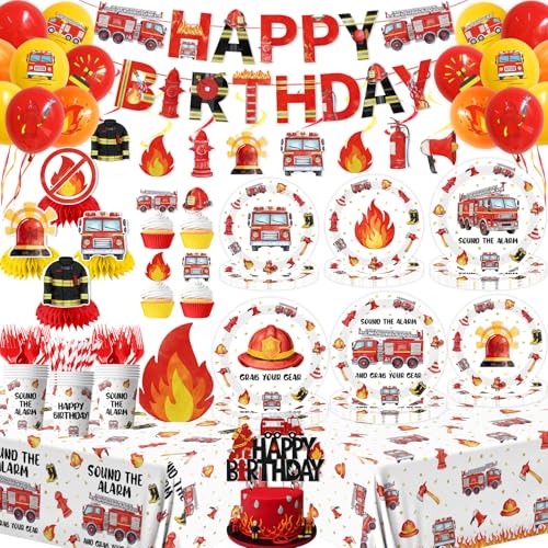 230Pcs Firetruck Birthday Decorations Include Fire Truck Plates and Napkins Set Banner Hanging Tablecloth Balloon Cupcake Topper Centerpieces for Firefighter Party Decorations Serves 24