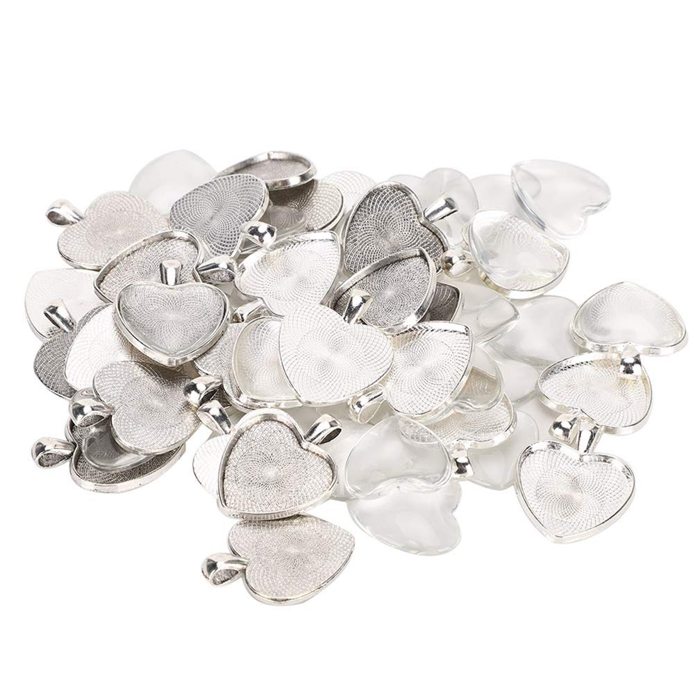 YUYTE Heart Shaped Pendant Trays, 60pcs - Silver Alloy & Glass Cabochon Bases & Patches - Jewelry Making Kit