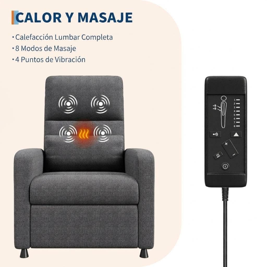 GarveeLife Sillon Relax Reclinable - con Masaje Eléctrico y Calor Lumbar - Sillón Reclinable Eléctrico Ajustable para Salone y Recepciones - Soporte Lumbar, Bolsillos Laterales - Tela de Lino, Gris
