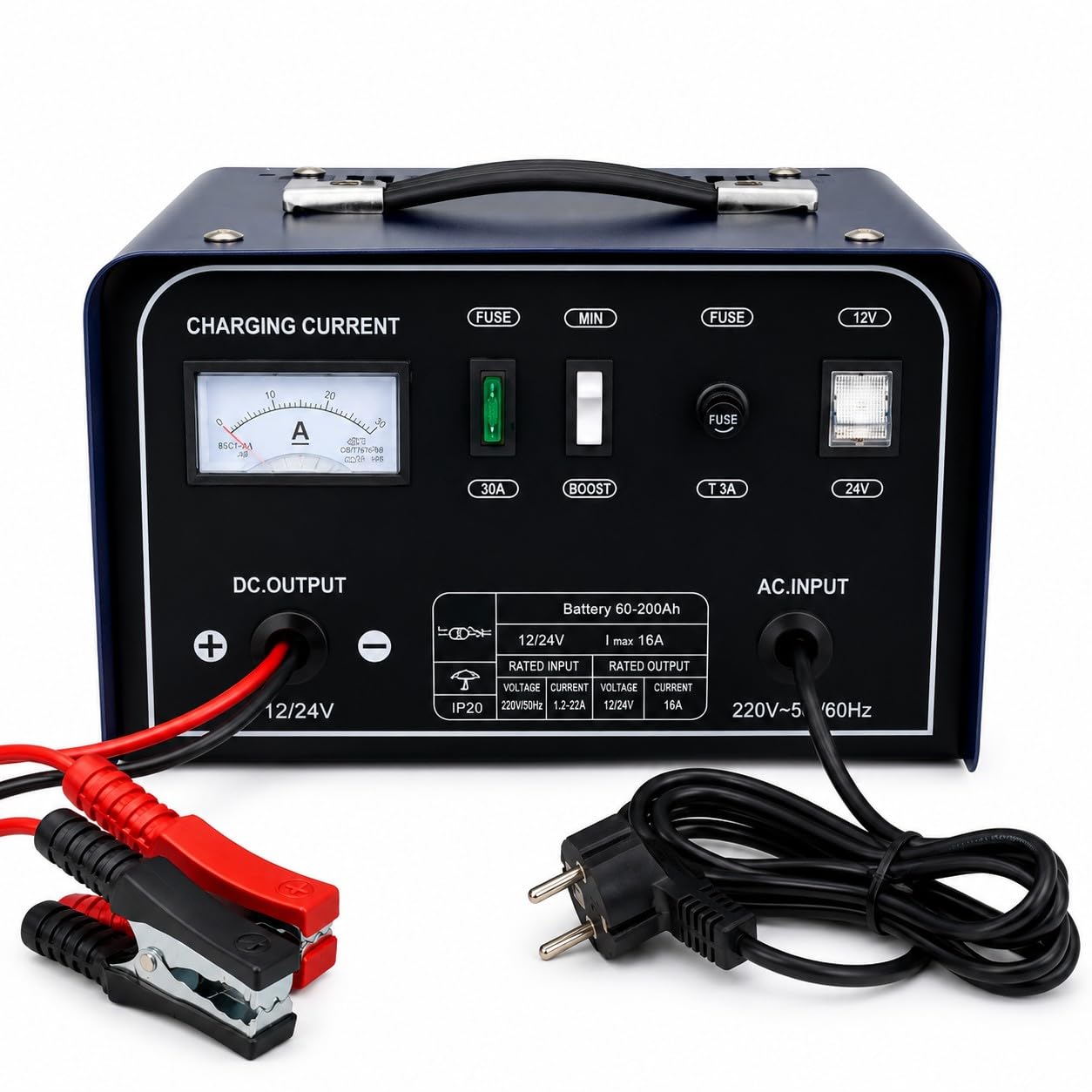 Caricabatterie Auto Moto 12V 24V Corrente di Picco 20A Professionale per Batterie al Piombo 60-200Ah con Amperometro Analogico Modalità MIN/MAX per Auto Furgoni Barca Trattore