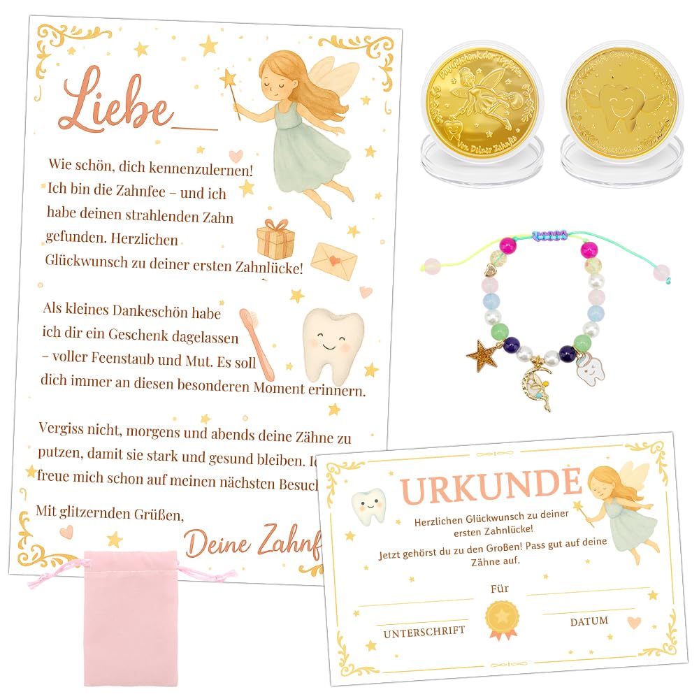 WALLFID Zahnfee Geschenk Set für Kinder – Brief, Glücksmünze, Karte, Feenband & Samtbeutel – magisches Set zum ersten Zahnverlust, liebevolle Überraschung für Mädchen & Jungen