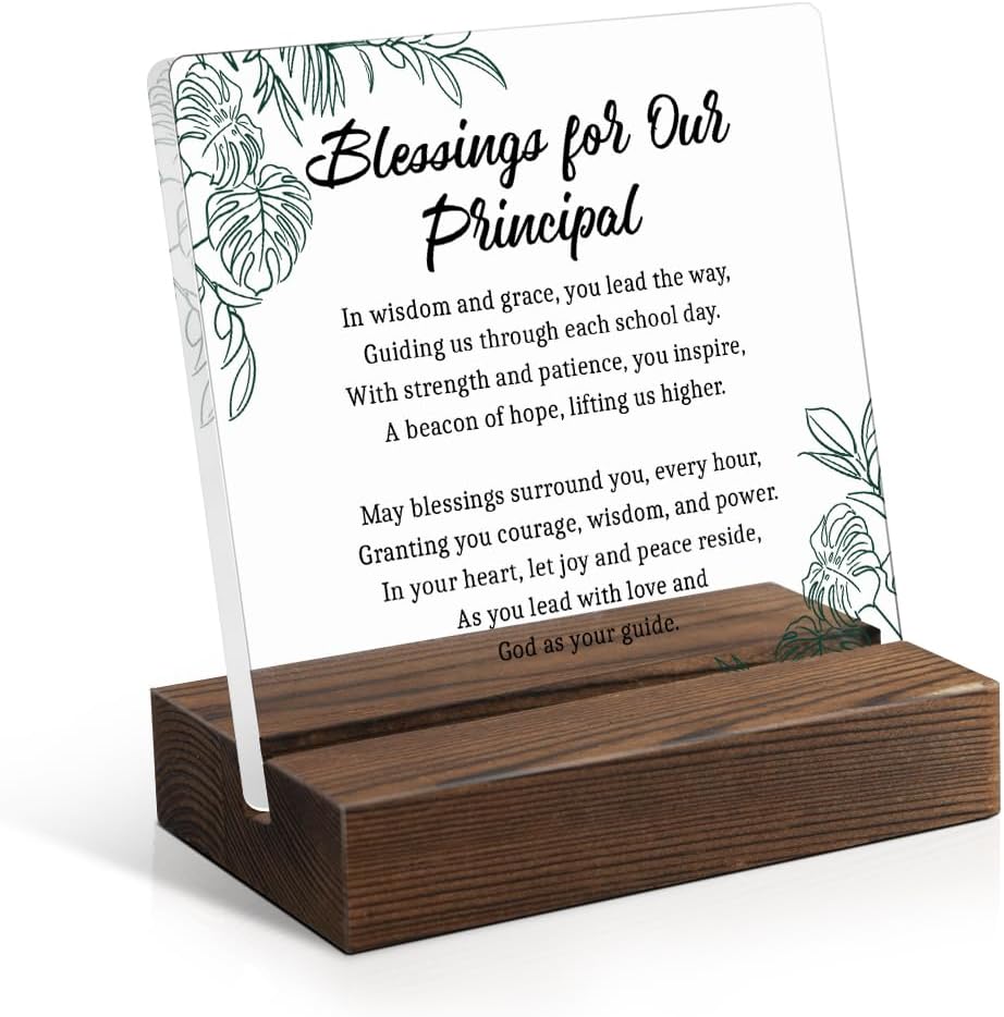 Christian Principal Blessings Acrylic Plaque - Funny School Leader Gifts with Wooden Stand, Retirement/Appreciation Present for Educational Administrators, Office Desk Decor for Principals