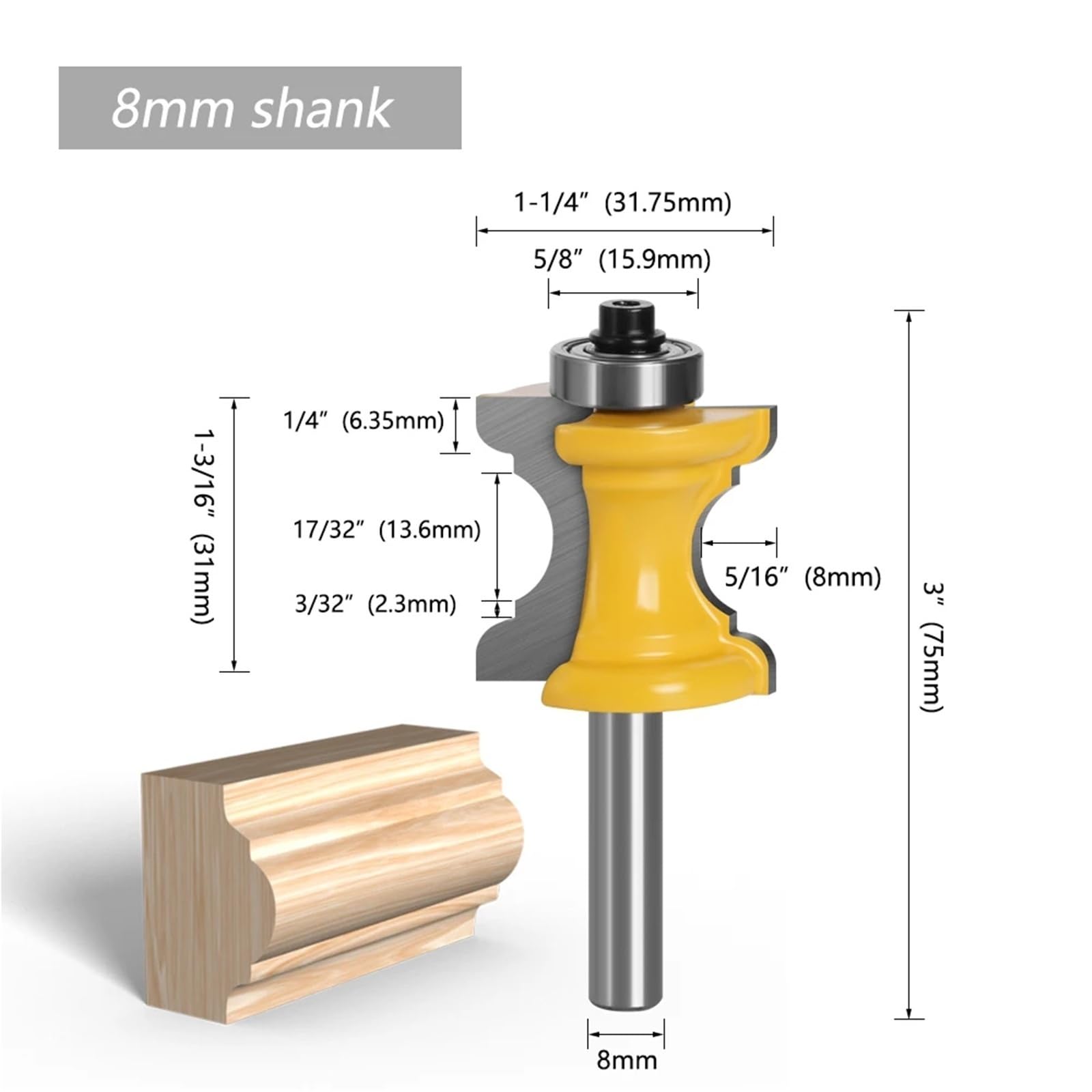 Fresa para madera en forma de T, Broca enrutadora de moldura columna convexa radio cóncavo, varios tamaños for carpintería(8mm Shank)