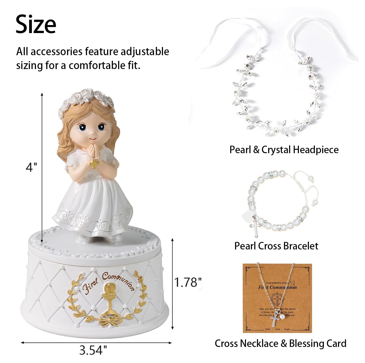 First Communion Gifts for Girls- First Holy Girl Figurine with Keepsake Box & Flower Girl Headpiece & Cross Necklace & Cross Bracelet Included, 1st Communion Gifts for Girls