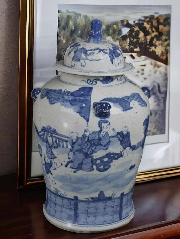 19" Antique Like Finish Blue and White Ginger Jars Porcelain Children Play Temple Ceramic Ginger Jar Vase, China Ming Style, Jingdezhen (L2)