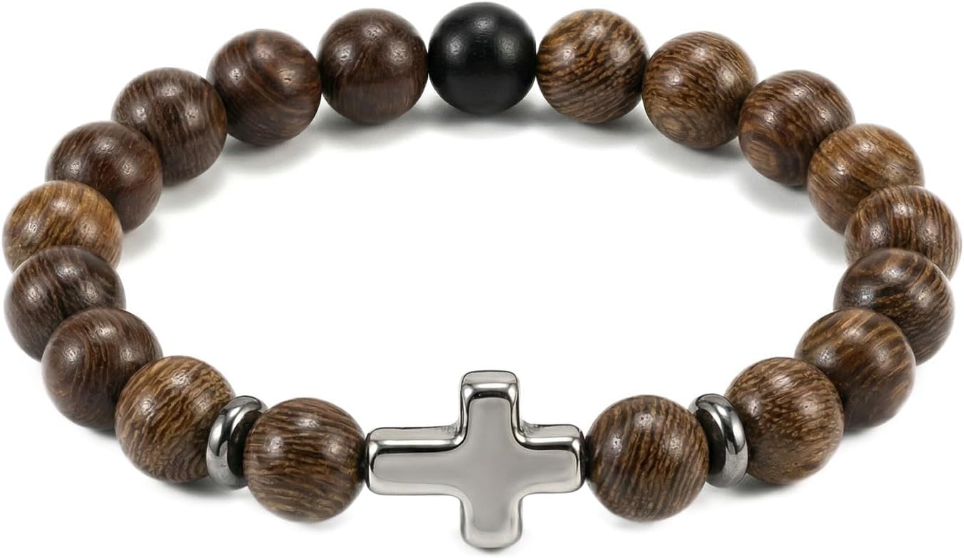 Wood Beaded Cross Bracelet for Men 8mm Stretch Religious Bracelets Valentine's Day Gifts for Him Son Christian Confirmation Graduation Gift First Communion Baptism & Faith Jewelry