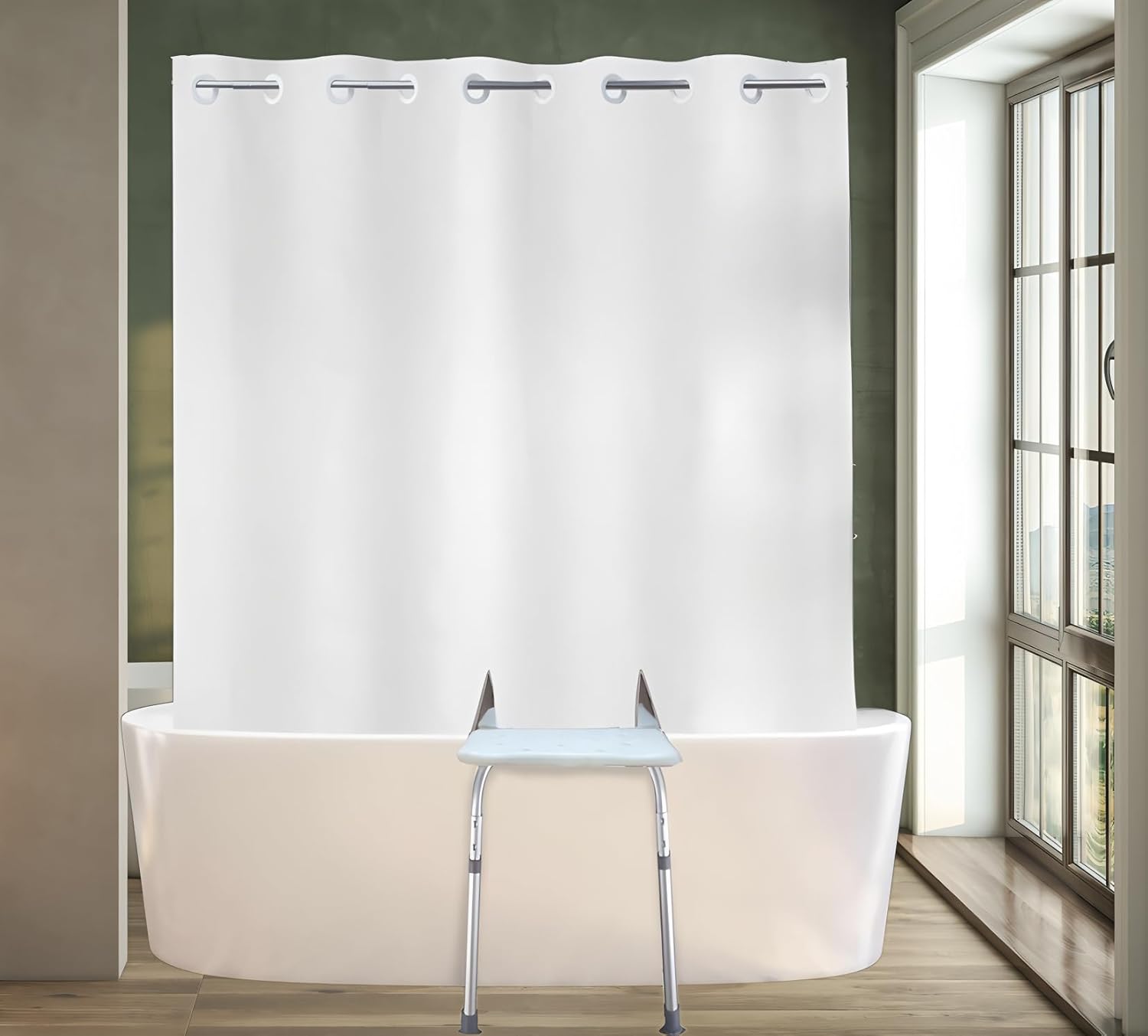 Split Shower Curtain for Transfer Benches, Hook-Free Polyester Curtain with Two 11x11.8 Bottom Slits, Water-Resistant White 80x80 Inch Shower Curtain for Easy Transfer & Accessibility