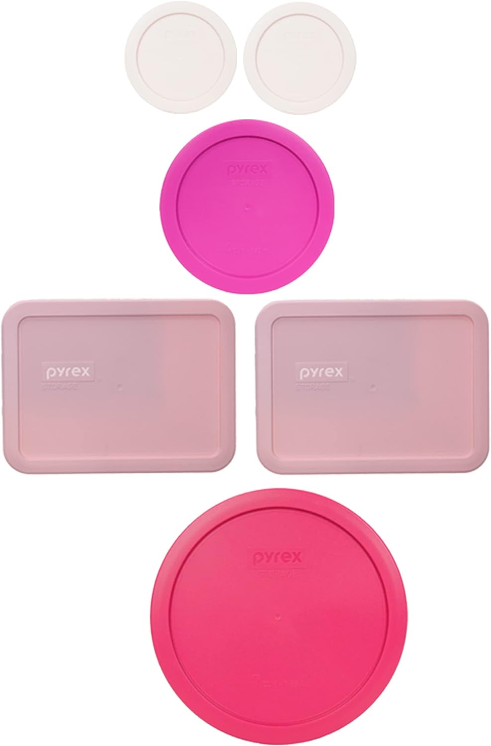 Pyrex (2) 7200-PC Nouveau Pink & (1) 7201-PC tapas rosas y (2) 7210-PC Loring Pink Tapas y (1) 7402-PC fucsia tapas