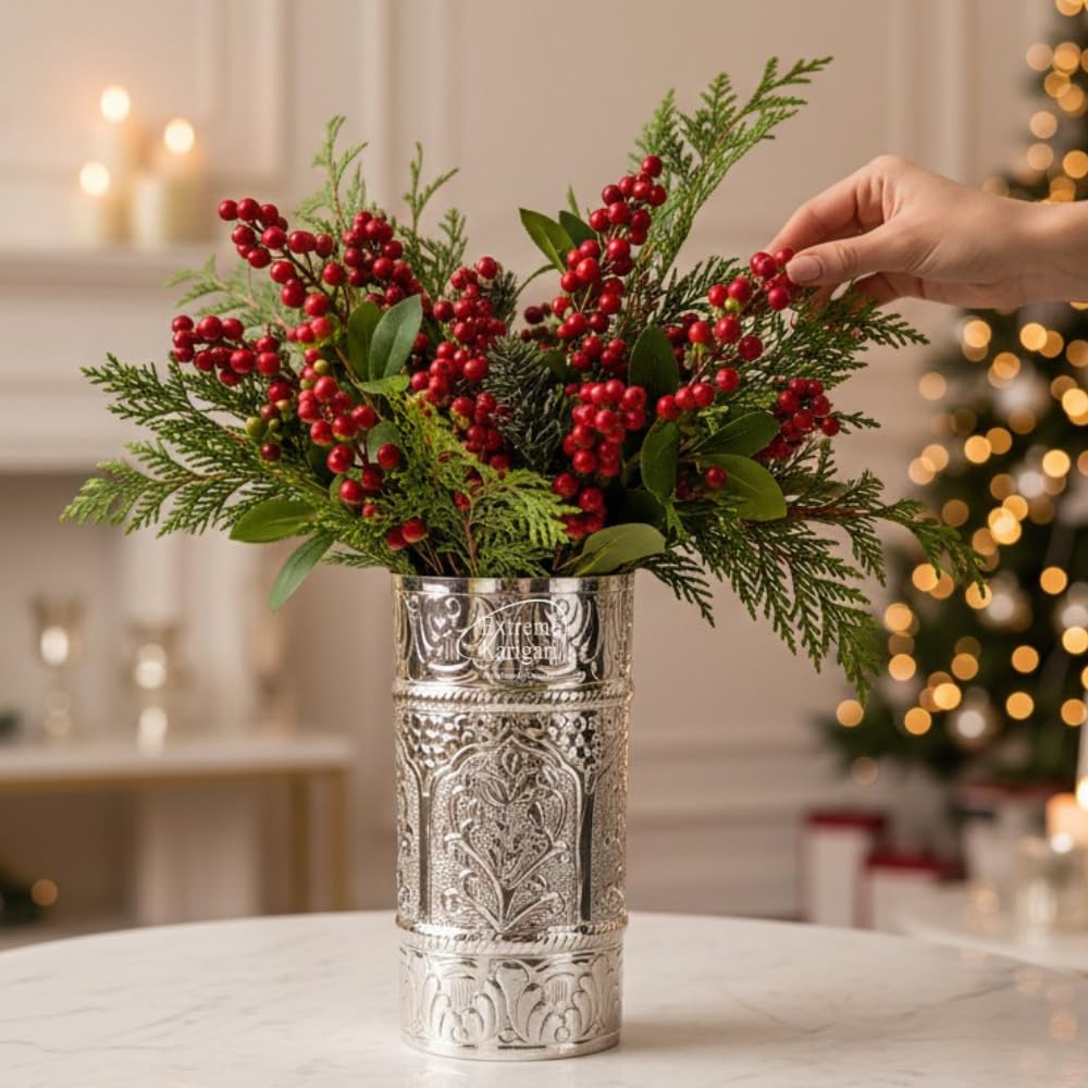 cylindrical shape aluminum flower vase for home decor, traditional embossed metal flower pot for office table decorations, modern vases, gift for festival, 9 inches, german silver