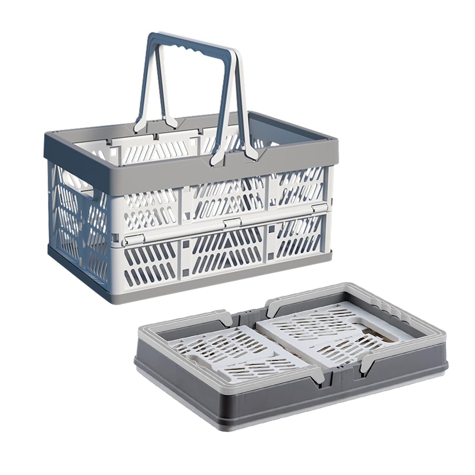 FATFISH Plastic Basket with Handle, Folding Pastel Crates for Organizing and Storag Plastic Grocery Shopping Baskets Stackable Storage Bins for Kitchen Living-room Desktop Shelf Organing,Grey